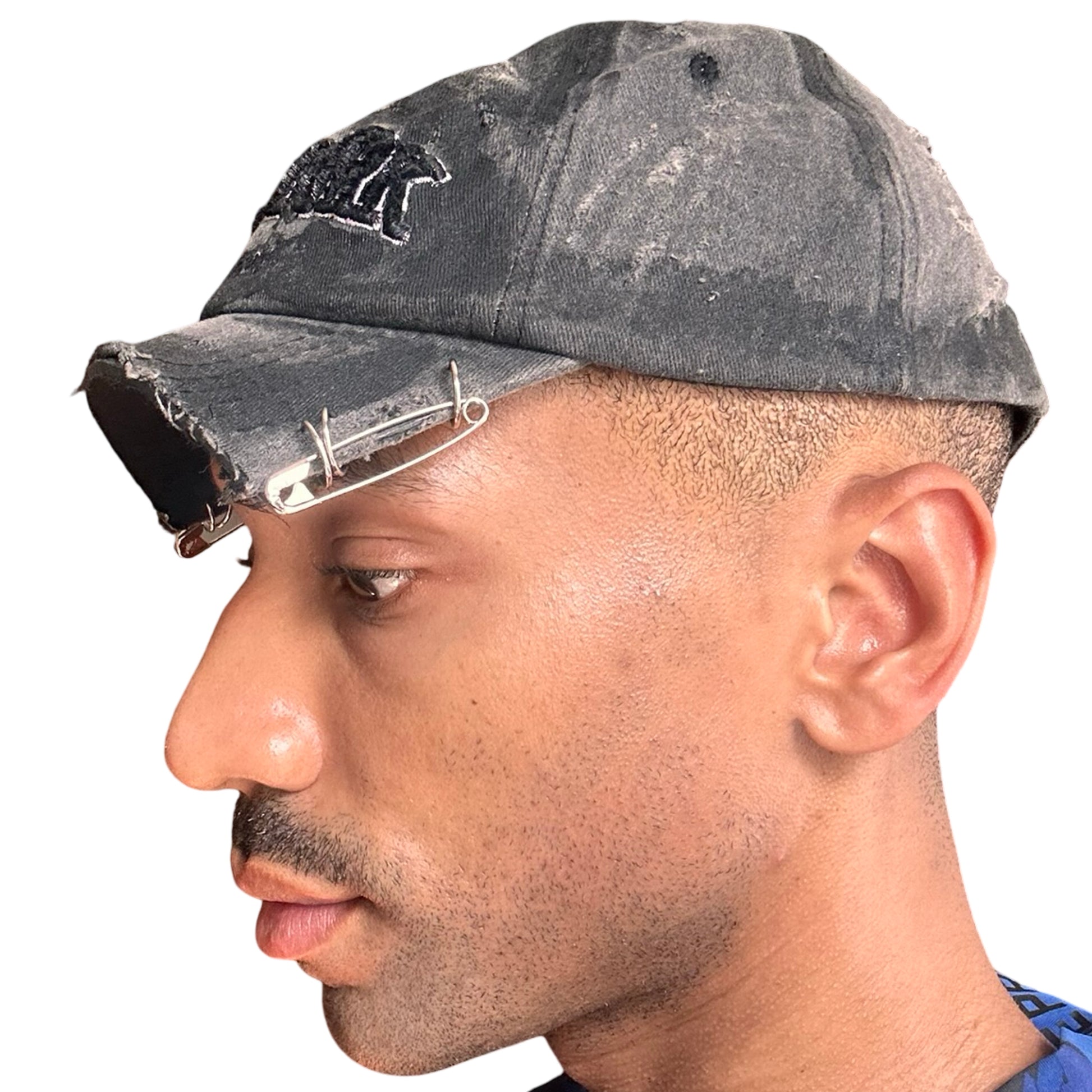 ASTROBOI* 'Octavius' New York Black Distressed Pierced Half Visor Hat - left 