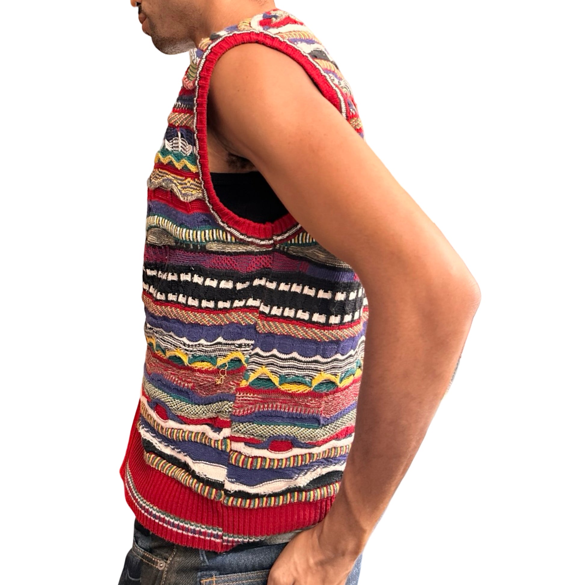 Vintage red Coogi-style knit cardigan vest with raised multicolor texture, Italian-made, size large. left 