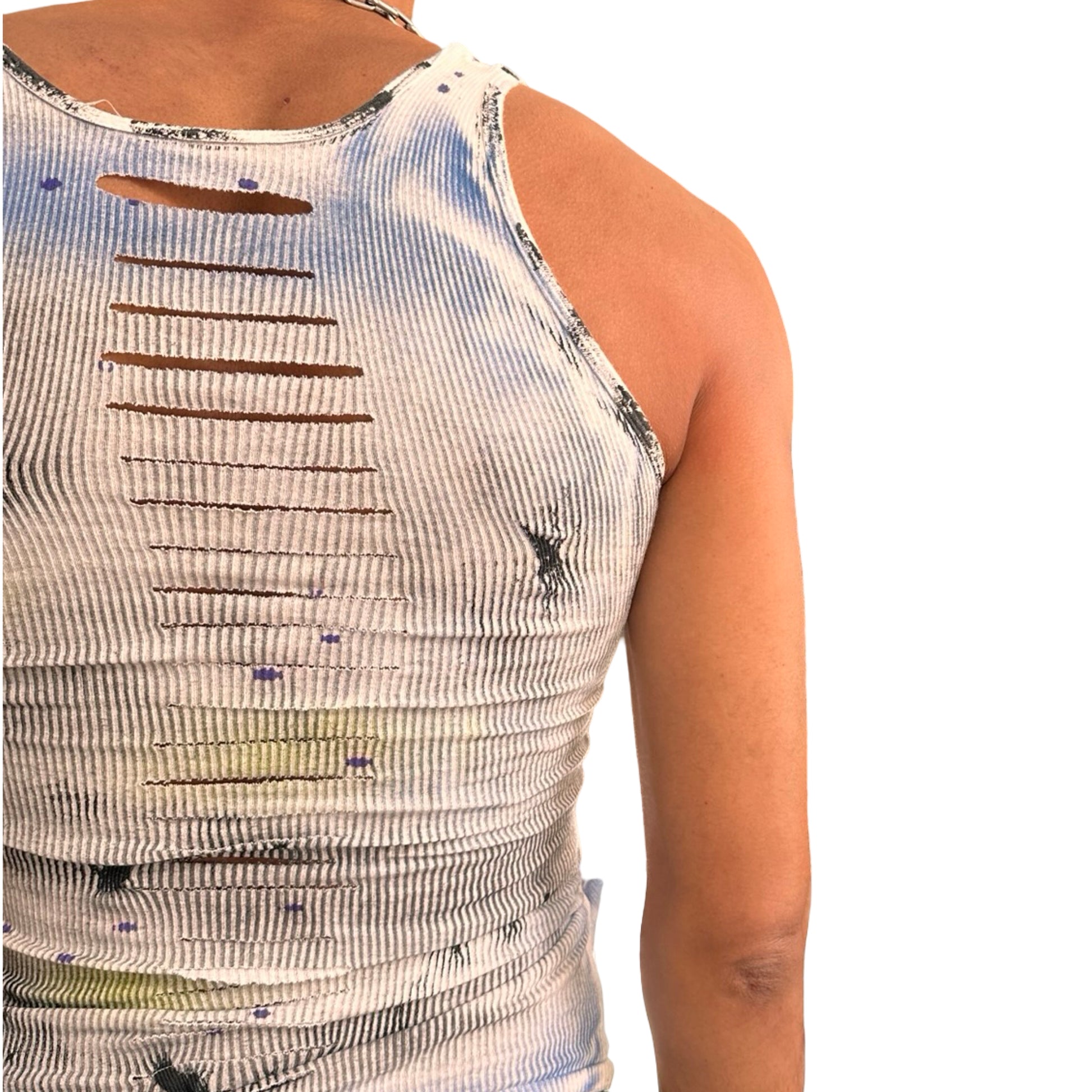 Back close up of ASTROBOI* ‘Aquatic’ white braided twist tank top with slashed detailing and form-fitting cut. Handmade custom piece from ASTROBOI* STUDIO in NYC.