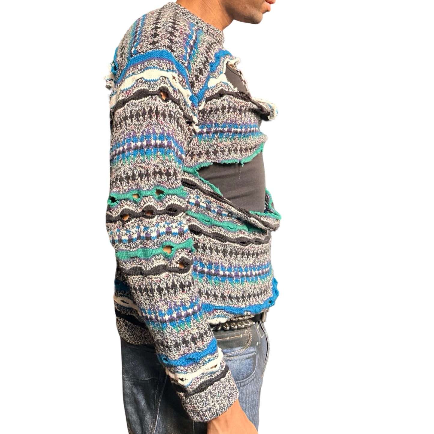 ASTROBOI* black Coogi-style wavy knit sweater with slashes and micro cutouts, distressed texture, medium size. Right side view
