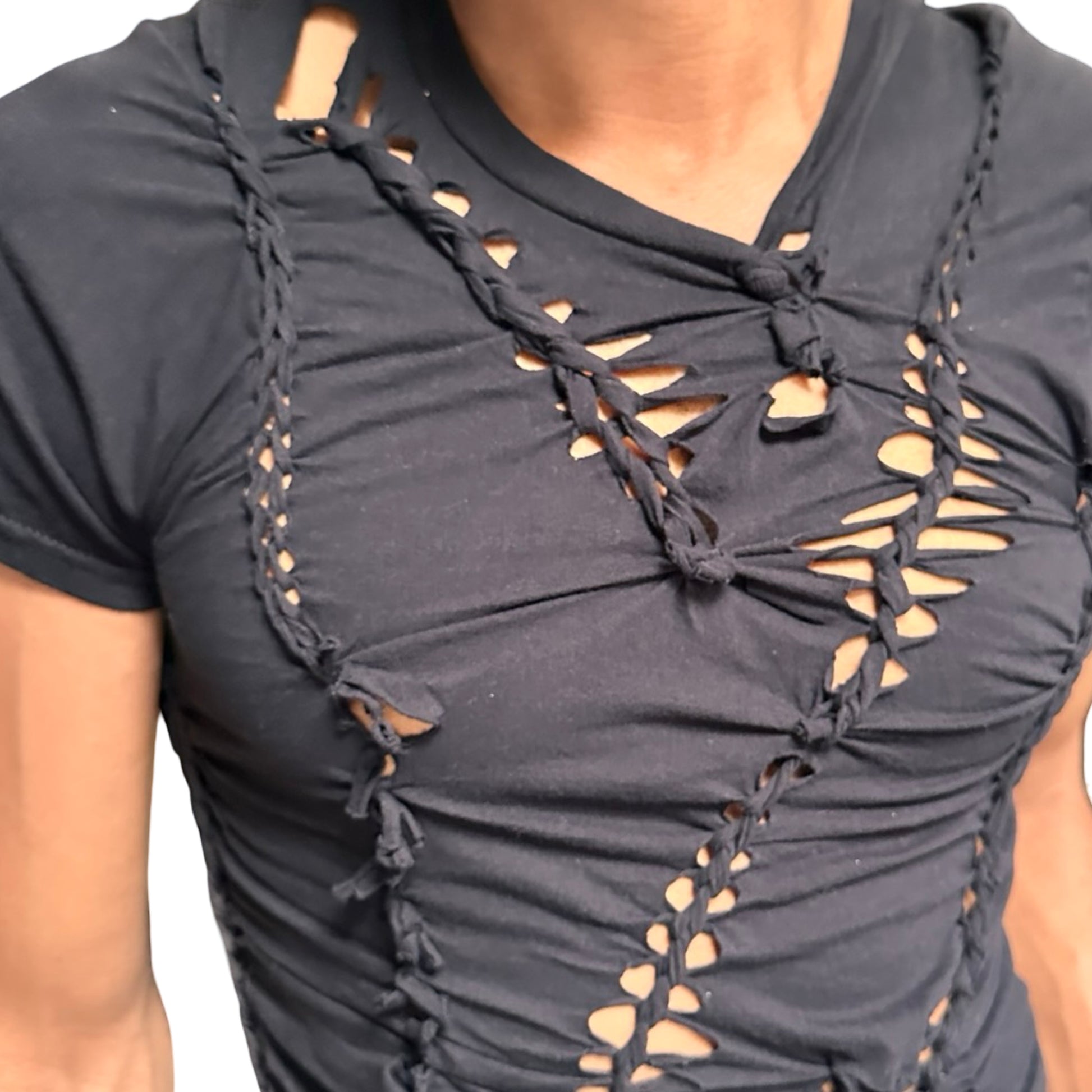 ASTROBOI* x Hanes 'Coal' Black Braided Twist T-Shirt - tront detail 