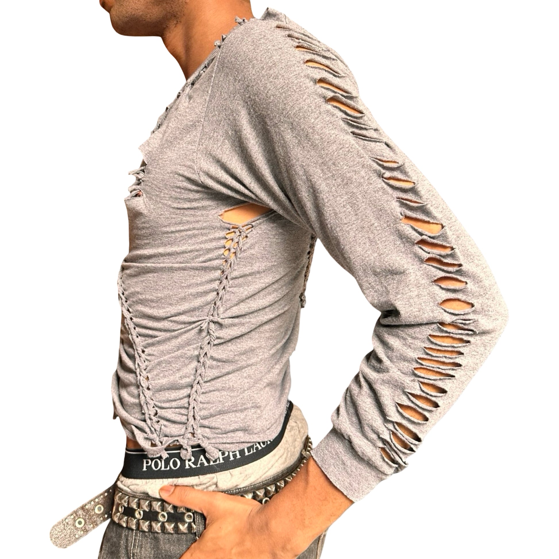 Gray distressed long-sleeve braided shirt worn by a person on a white background