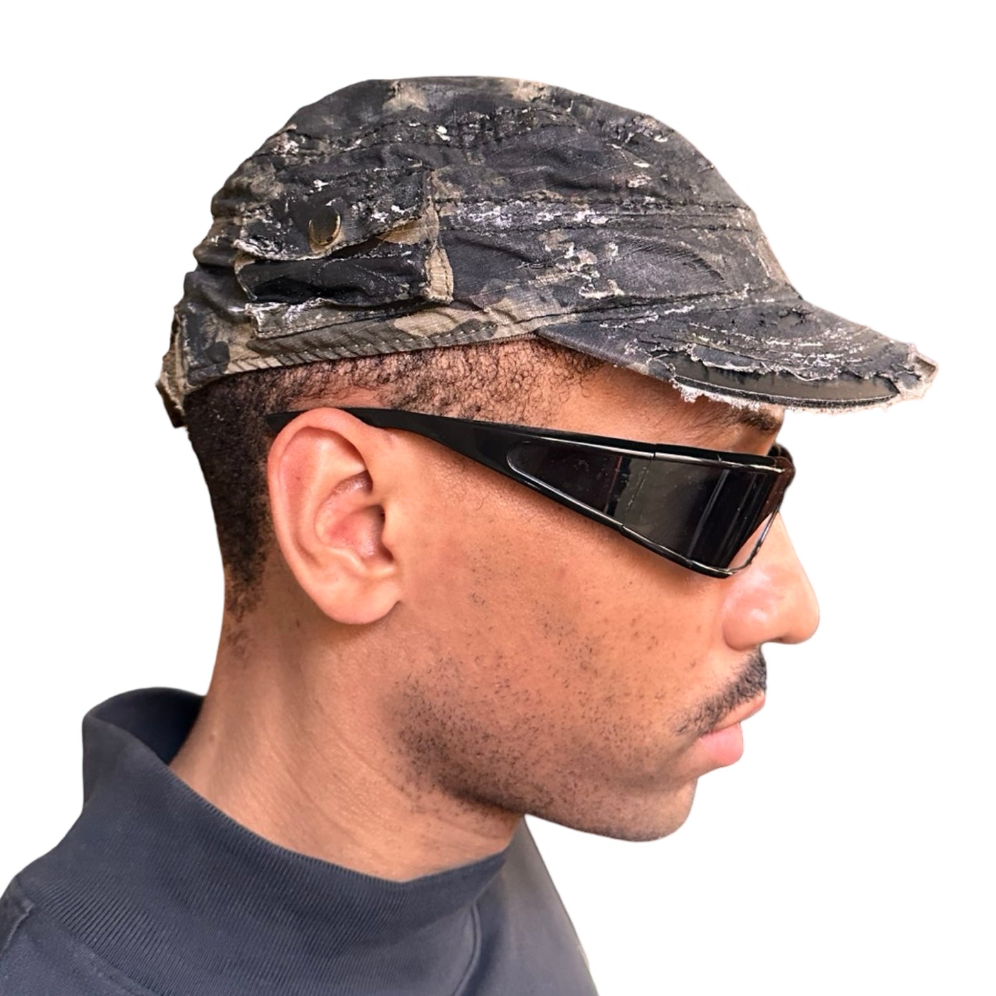 Right side of Distressed retro green camouflage hat with hand-painted details and side coin pocket, customized by ASTROBOI* STUDIO in NYC.