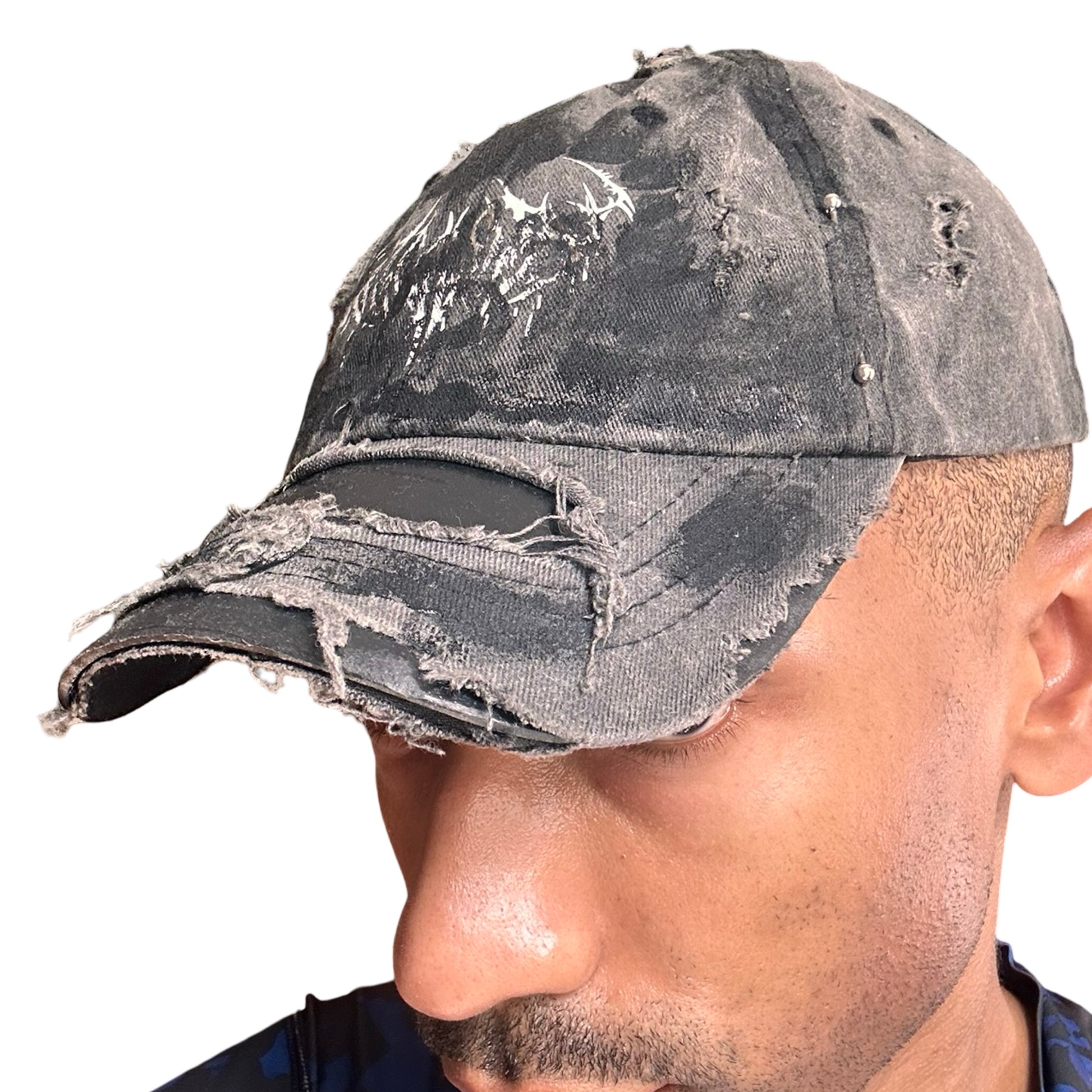 ASTROBOI* 'Indie Grunge' Black Distressed Hat -  front left 
