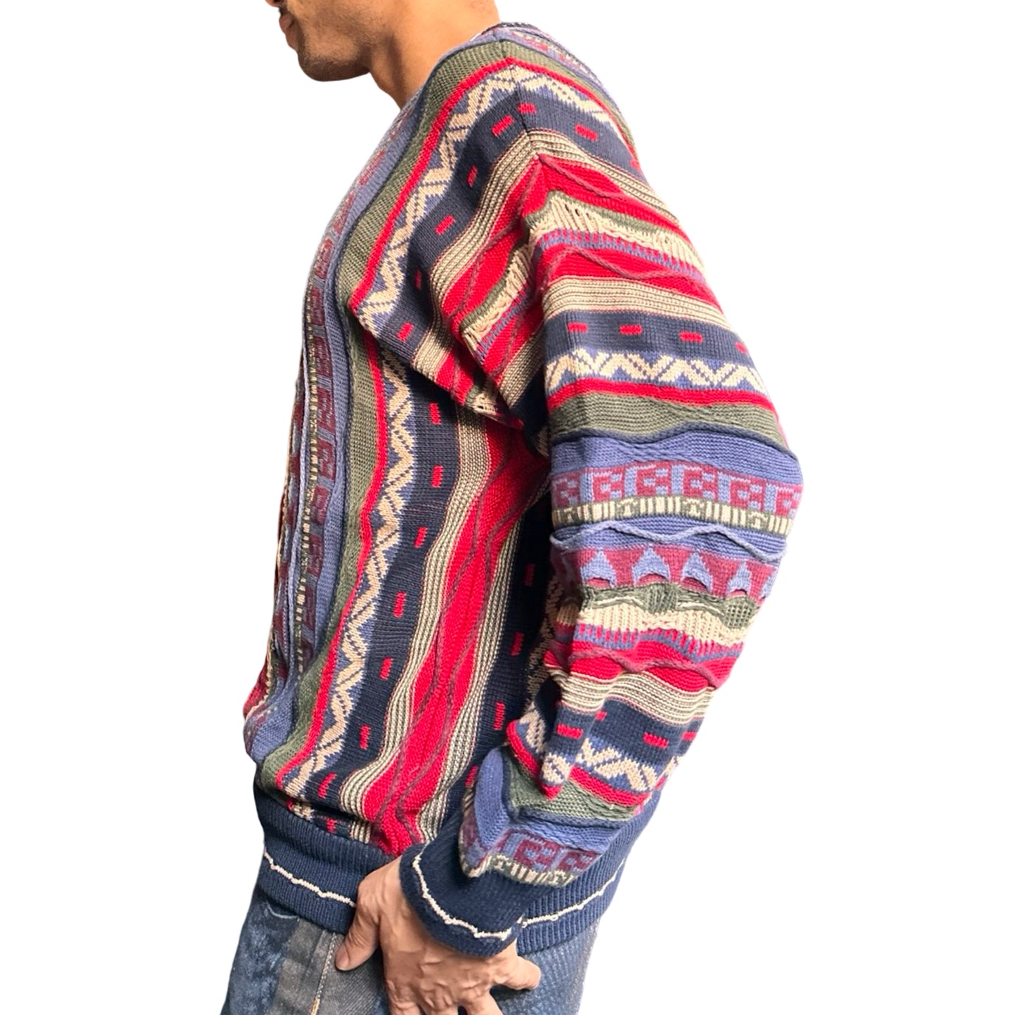 Vintage Cotton Traders blue and red Coogi-style knit sweater with raised textured pattern, 90s dad fit, men's large. left side 