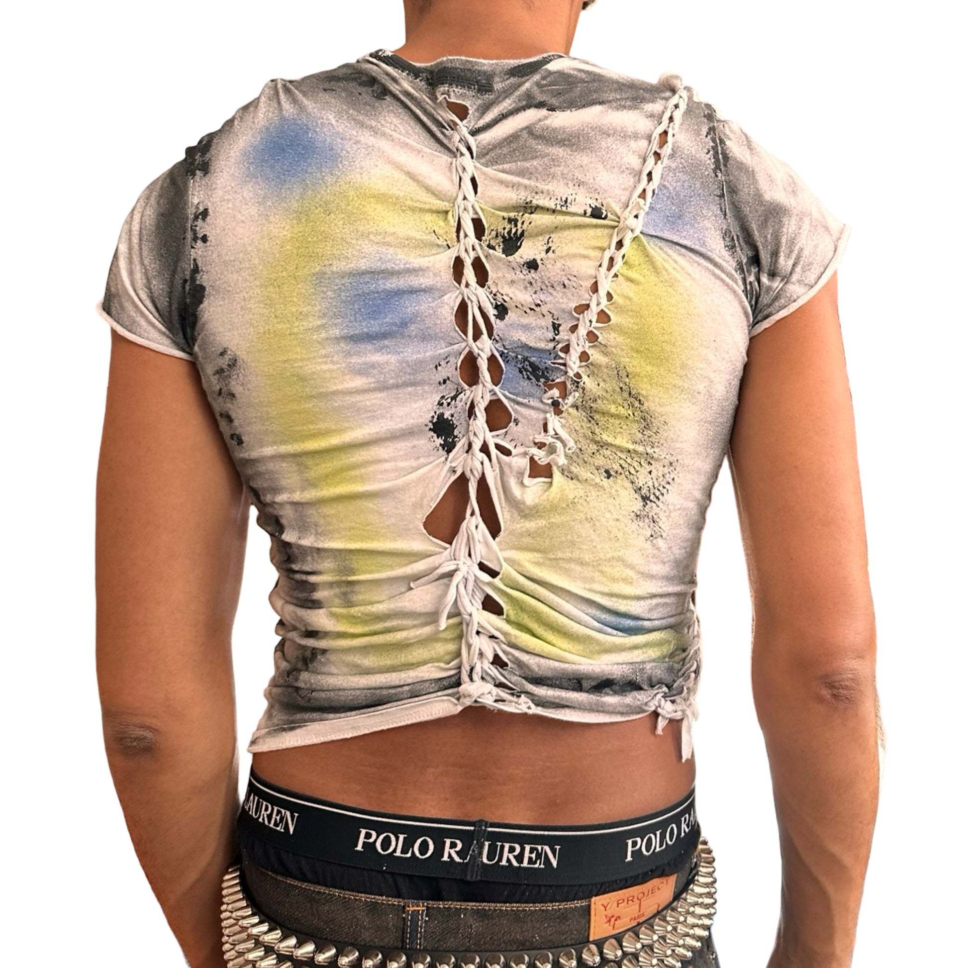 Back view of ASTROBOI* x Gildan ‘Algae’ white braided twist T-shirt with hand-printed design and heavyweight cotton. Custom handmade streetwear from NYC.