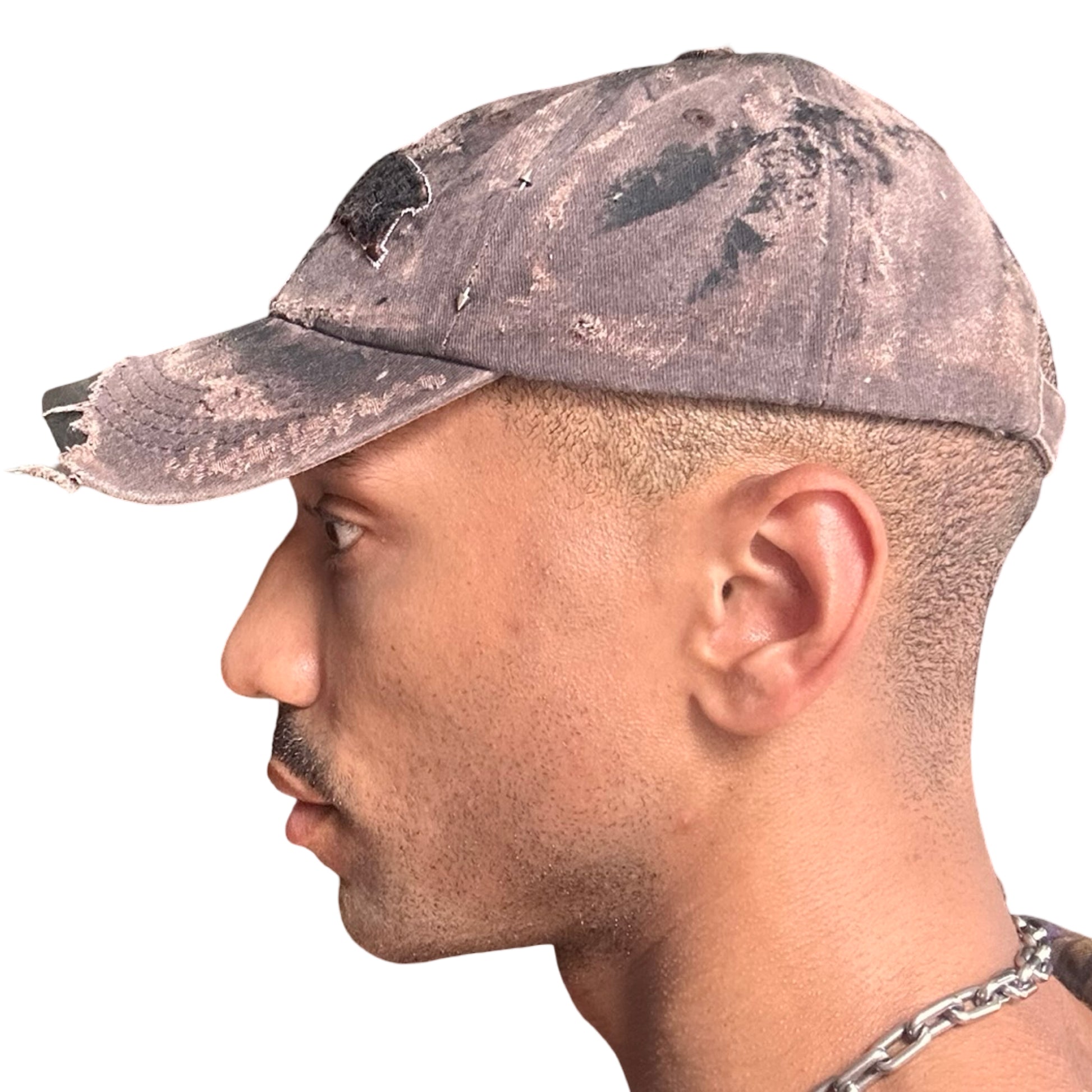 ASTROBOI* NEW YORK 'Soil' Brown & Black Distressed Pierced Hat - left 