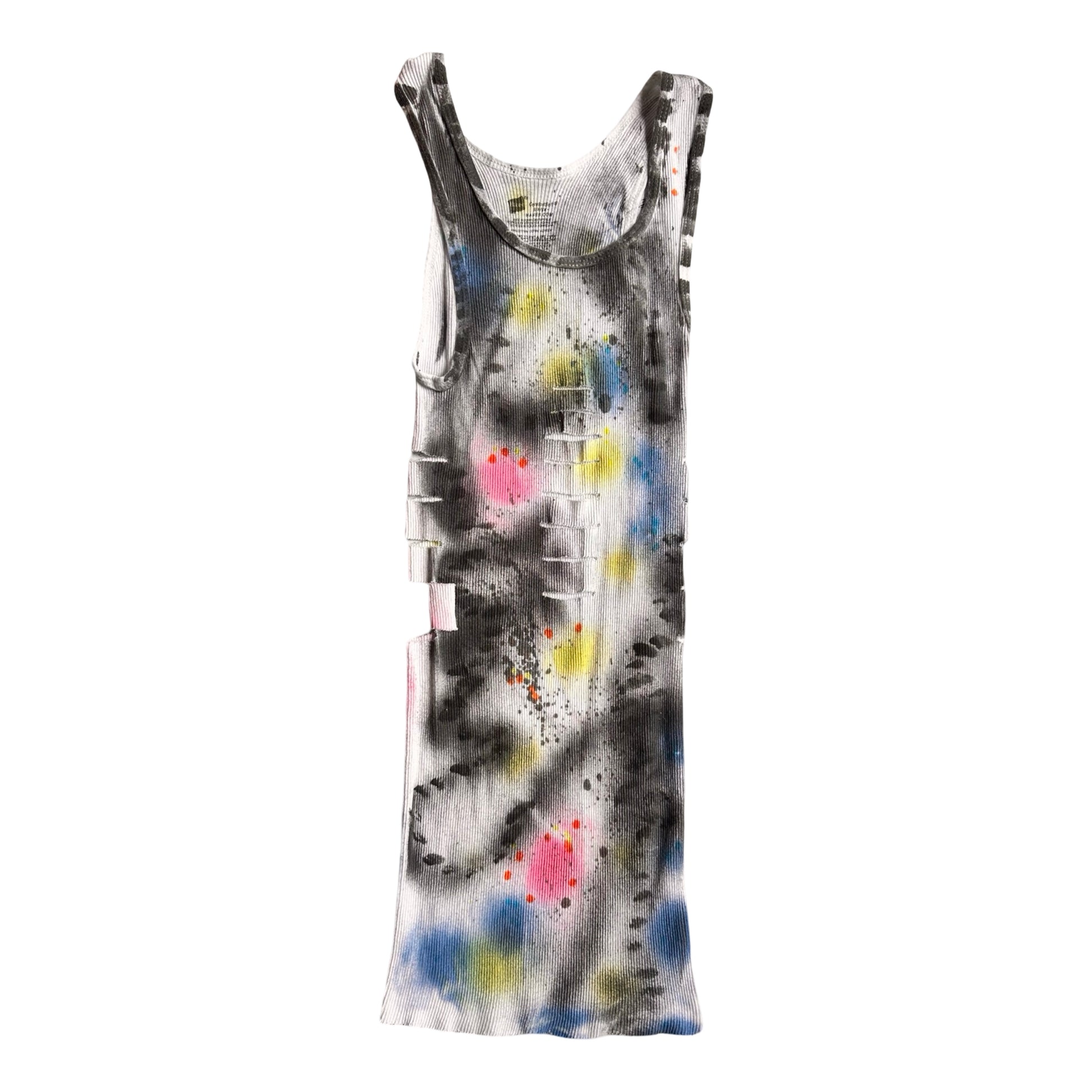 ASTROBOI* x Hanes 'HEAVEN' White Ribbed Pink/Yellow/Black/Blue Graphic Print Tank Top – flat front 