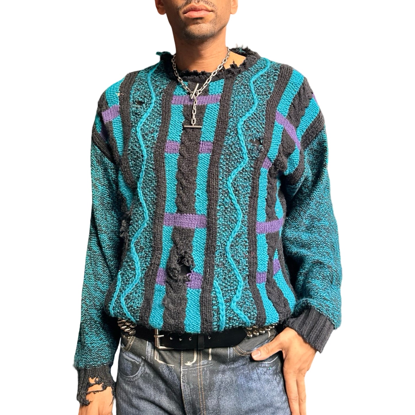 Vintage Cattivo blue crazy knit sweater with abstract raised pattern and marbled sleeves, 90s boxy fit, men's medium