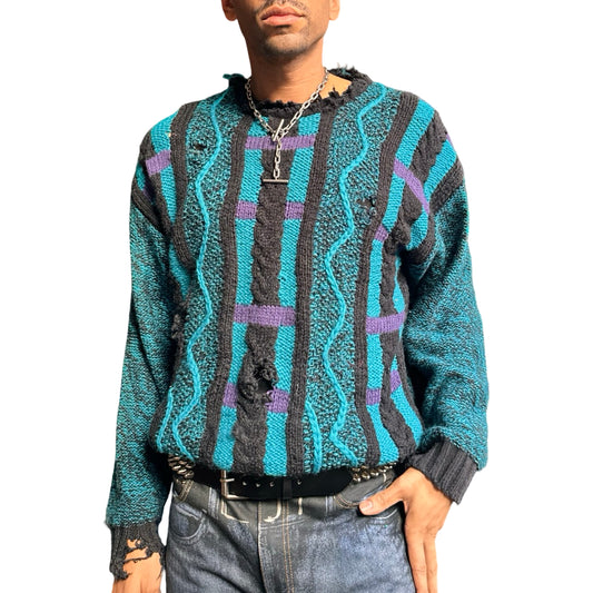 Vintage Cattivo blue crazy knit sweater with abstract raised pattern and marbled sleeves, 90s boxy fit, men's medium