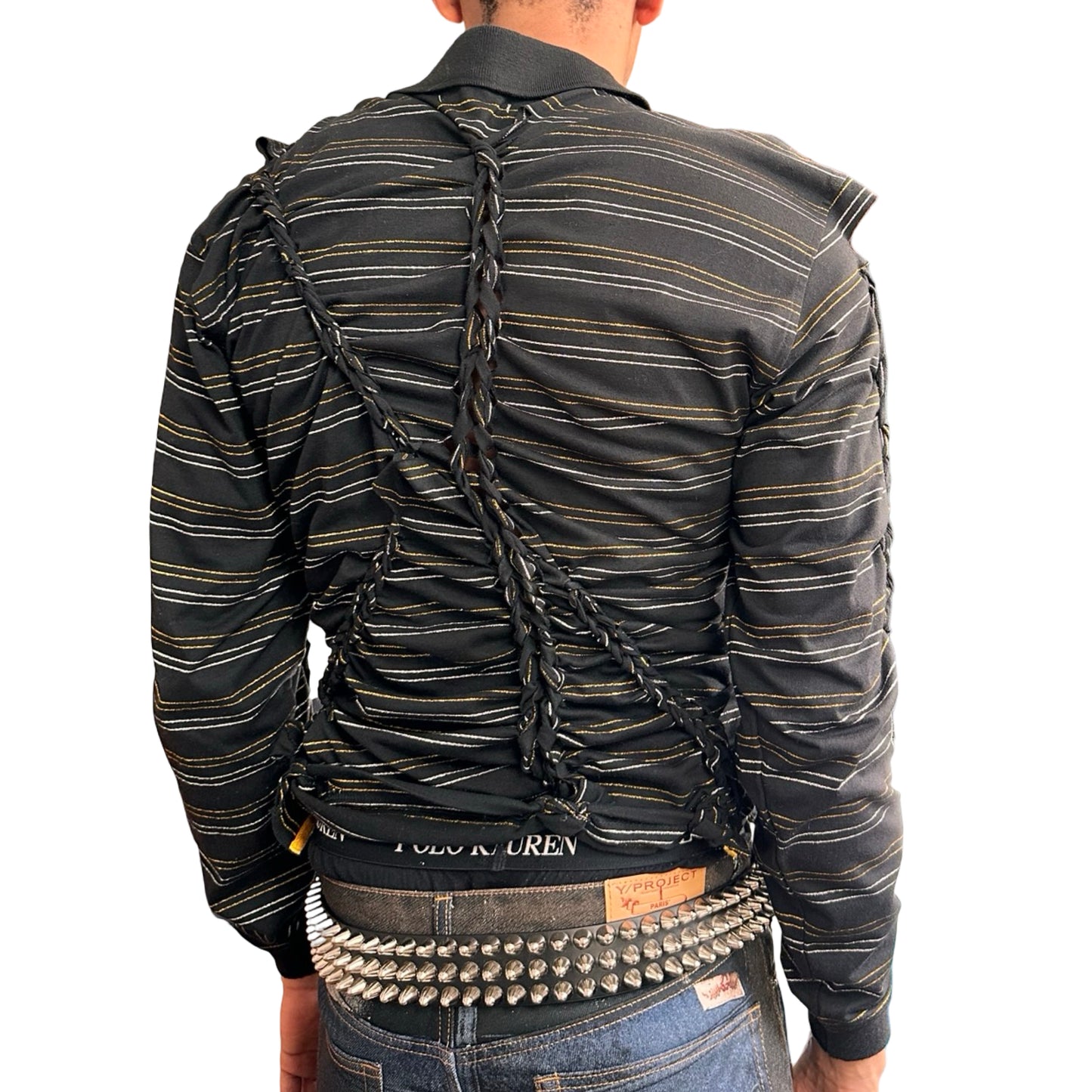 Back view of ASTROBOI* ‘Glam’ black metallic striped polo with braided twist detailing, gold and silver stripes, and a fitted body. Custom piece handmade in NYC.