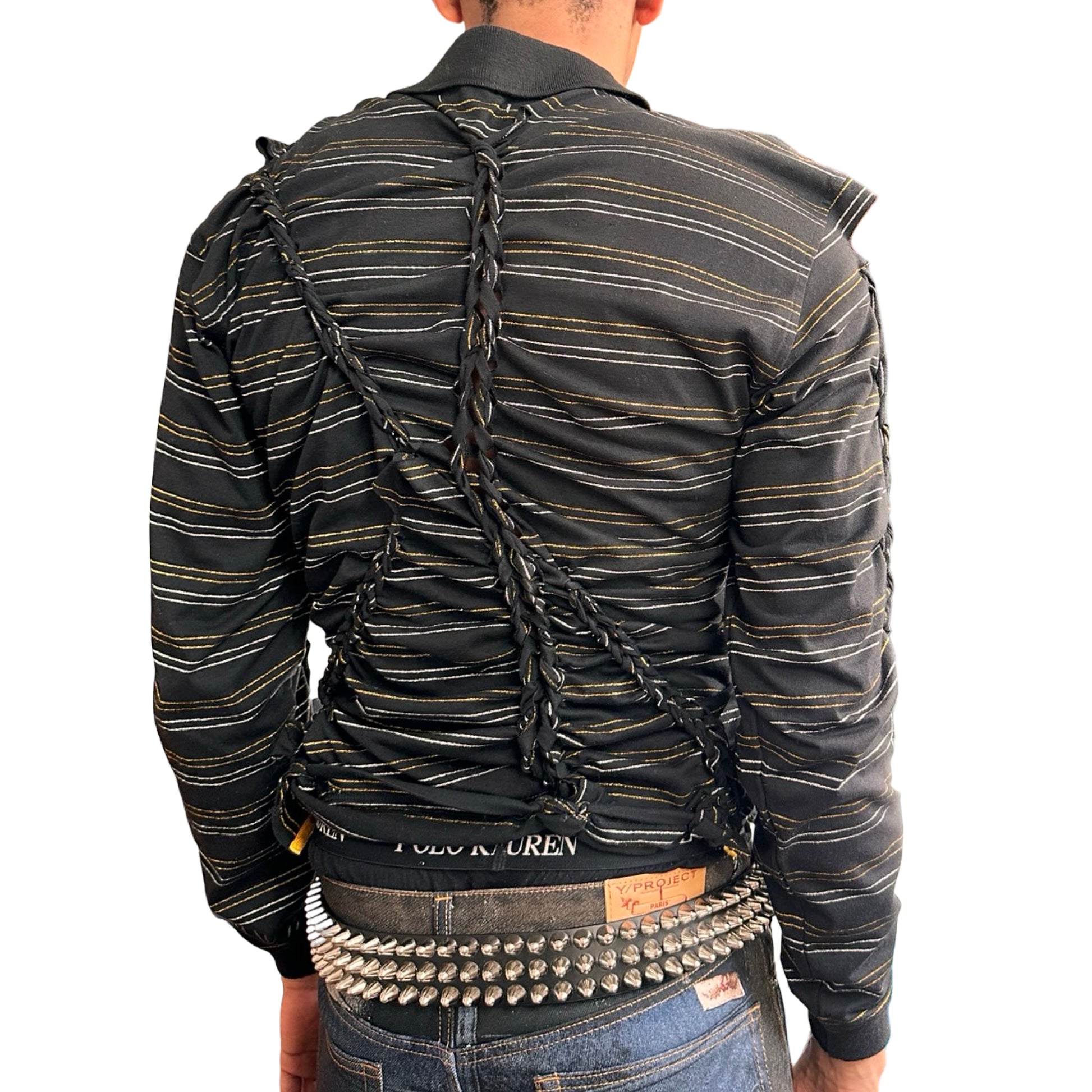 Back view of ASTROBOI* ‘Glam’ black metallic striped polo with braided twist detailing, gold and silver stripes, and a fitted body. Custom piece handmade in NYC.