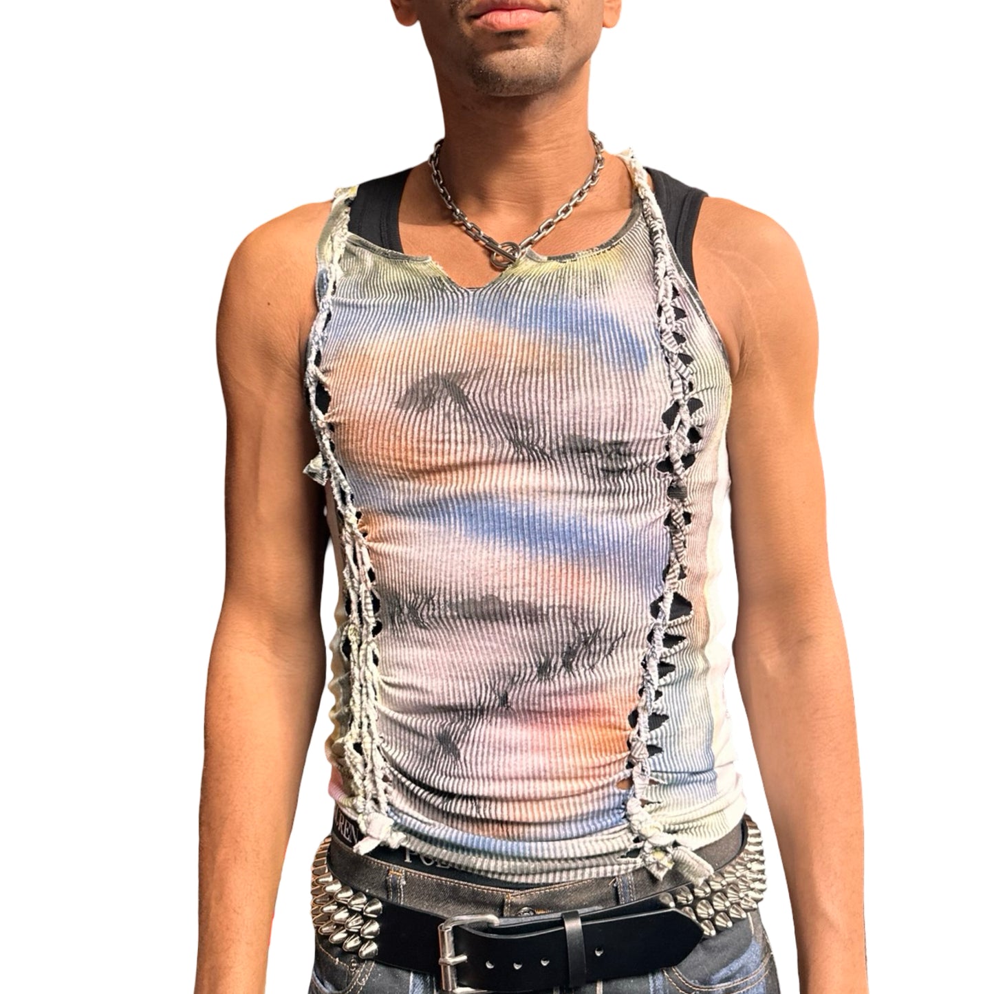 Front of ASTROBOI* ‘Sunset’ white braided twist tank top with slashed detailing and a form-fitting silhouette. Handmade custom piece from ASTROBOI* STUDIO in NYC.