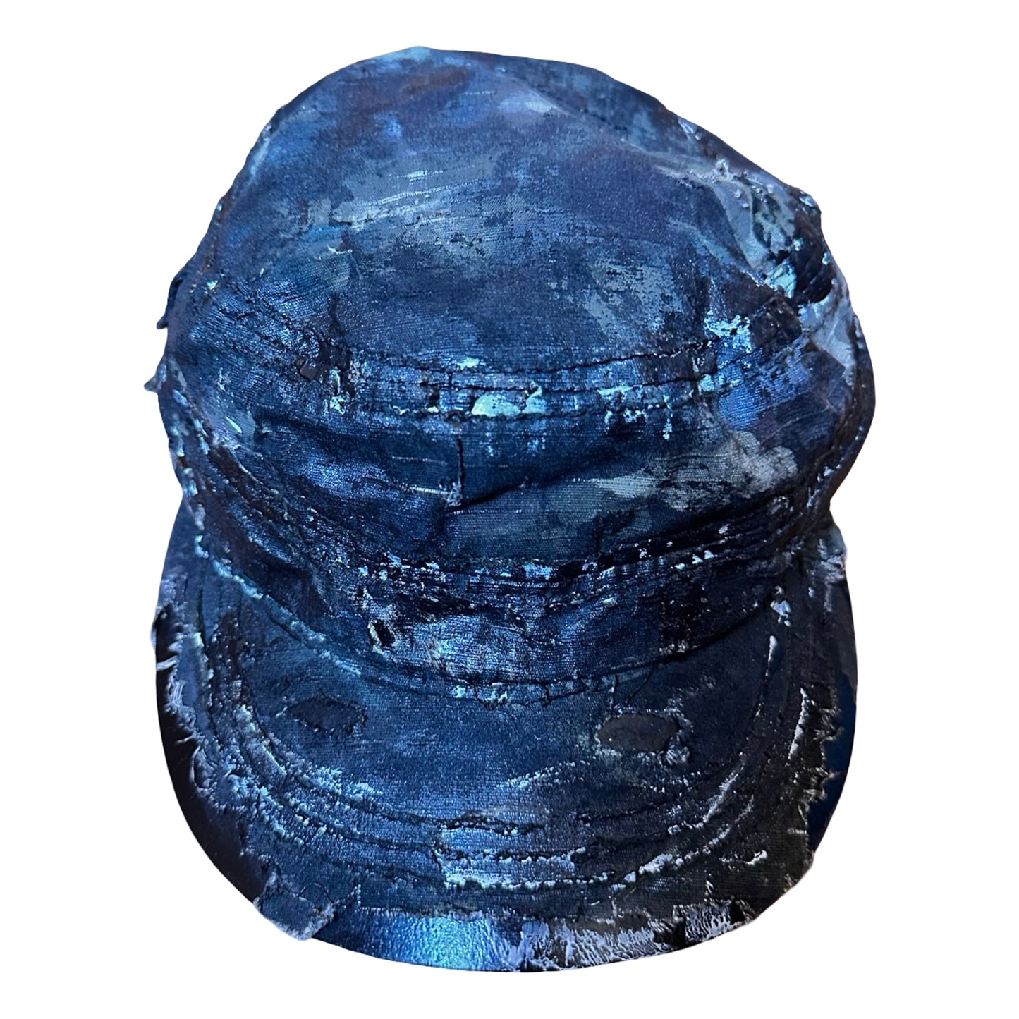 Front flat of Distressed retro green camouflage hat with hand-painted details and side coin pocket, customized by ASTROBOI* STUDIO in NYC.