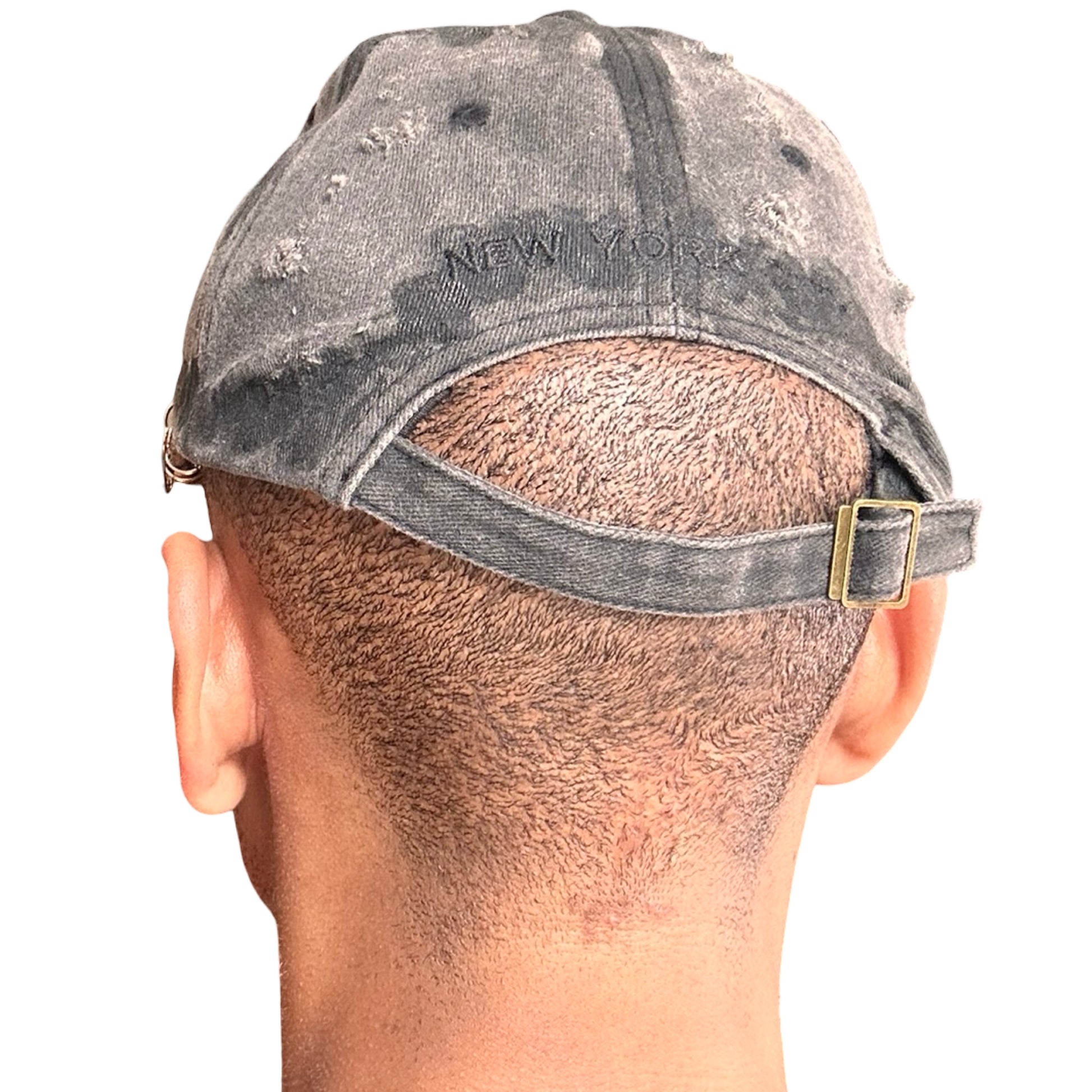 ASTROBOI* 'Octavius' New York Black Distressed Pierced Half Visor Hat - back 