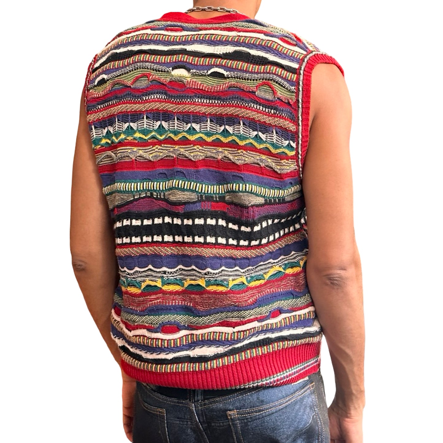 Vintage red Coogi-style knit cardigan vest with raised multicolor texture, Italian-made, size large. back 
