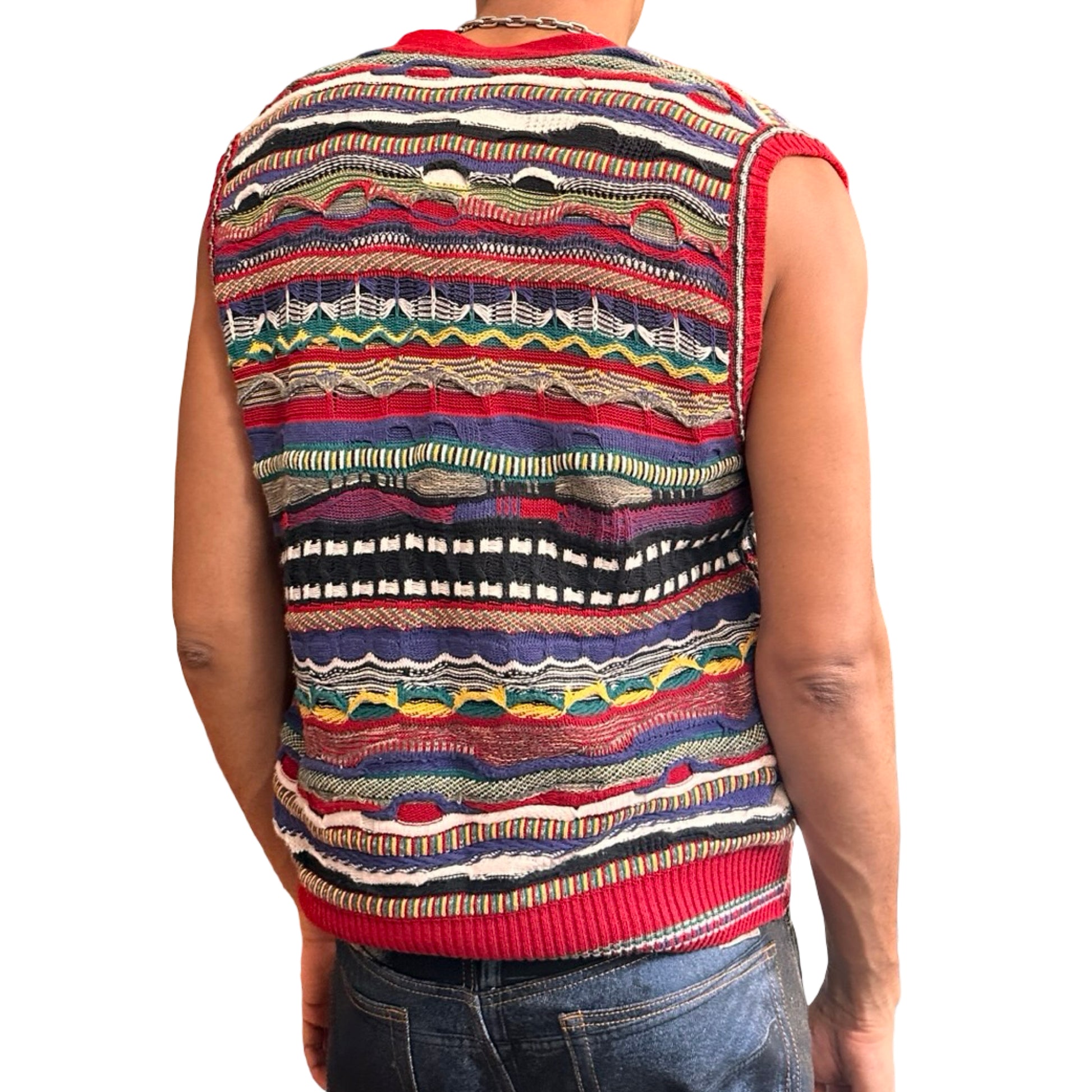 Vintage red Coogi-style knit cardigan vest with raised multicolor texture, Italian-made, size large. back 