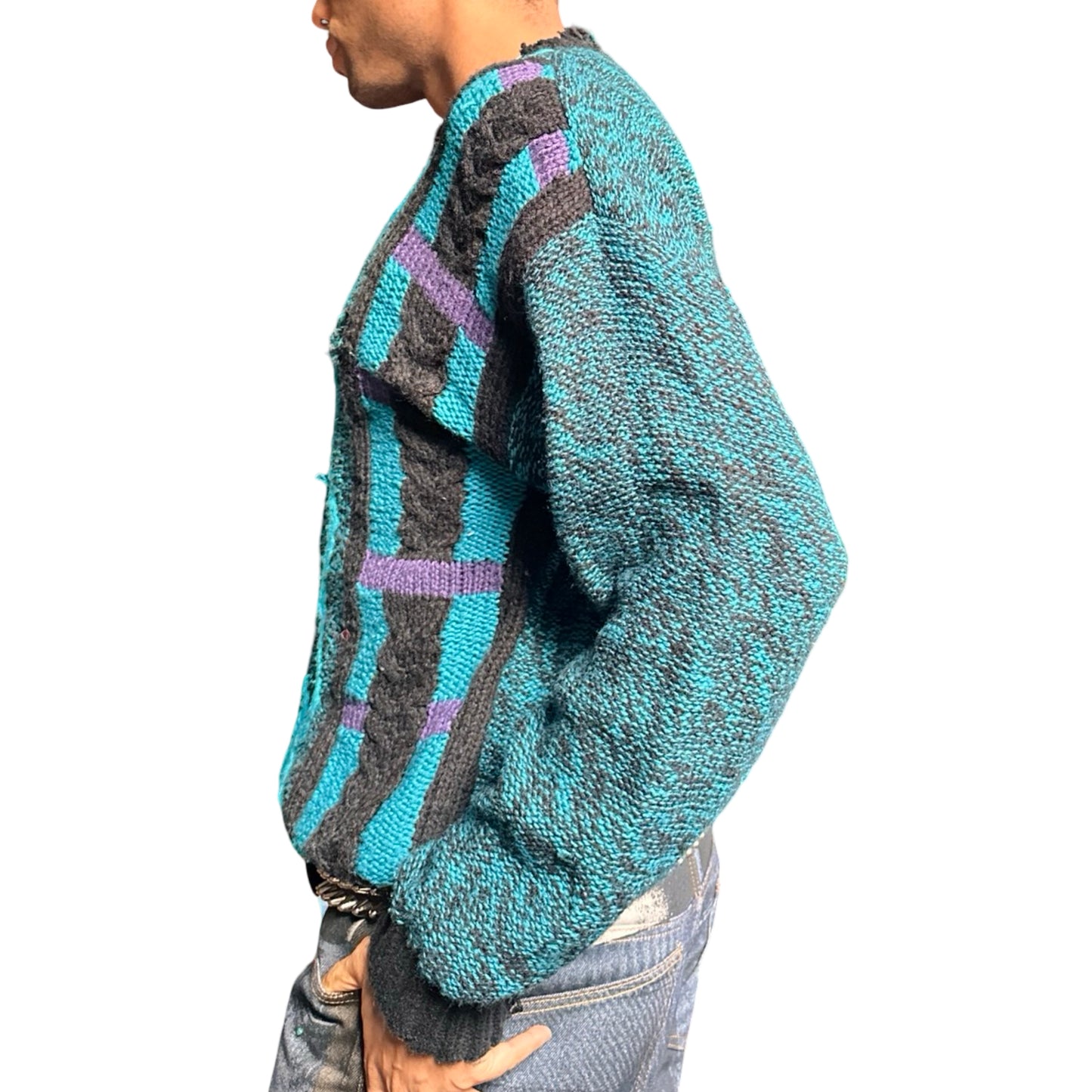 Vintage Cattivo blue crazy knit sweater with abstract raised pattern and marbled sleeves, 90s boxy fit, men's medium left side