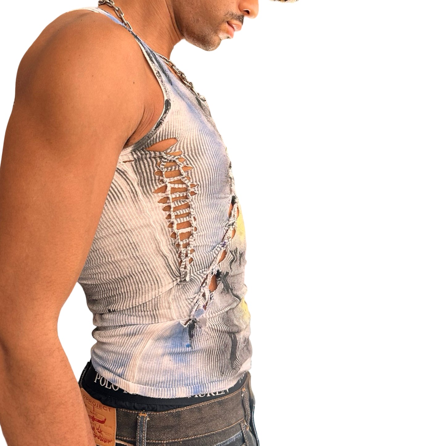 Right side of ASTROBOI* ‘Aquatic’ white braided twist tank top with slashed detailing and form-fitting cut. Handmade custom piece from ASTROBOI* STUDIO in NYC.