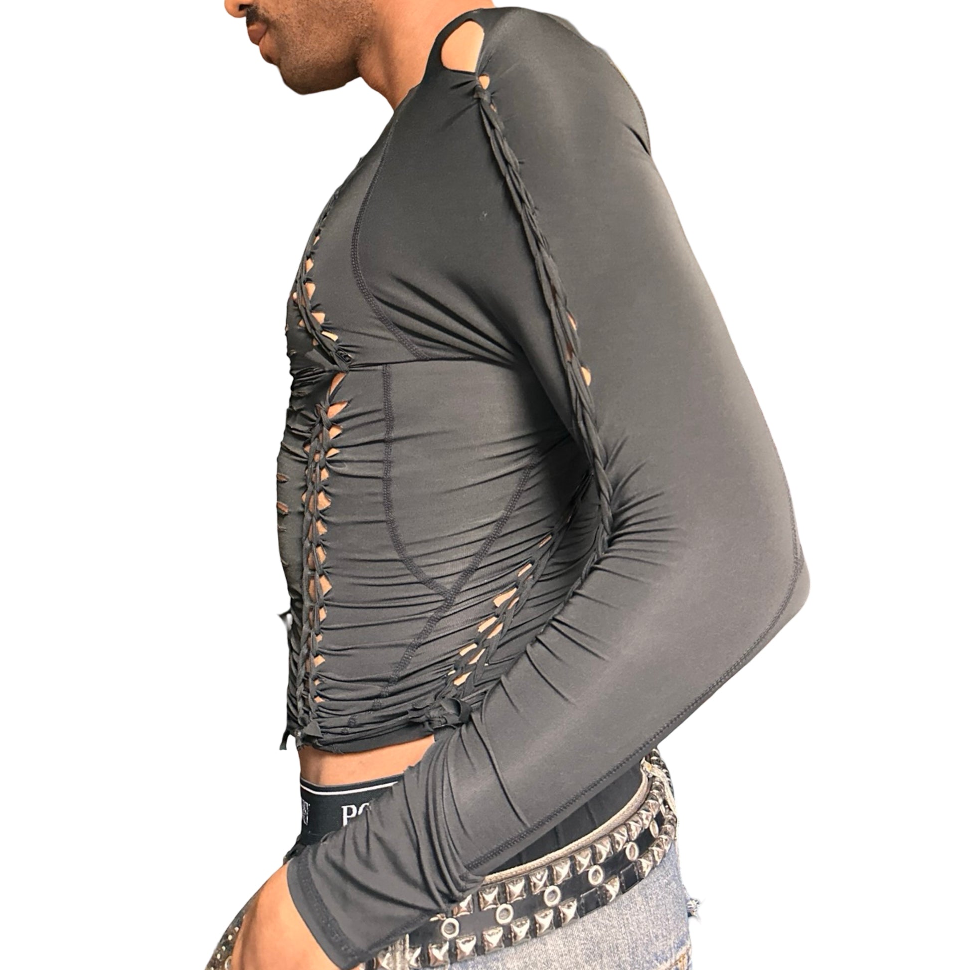ASTROBOI* ‘Neo’ Black Braided Compression Long Sleeve Top – left