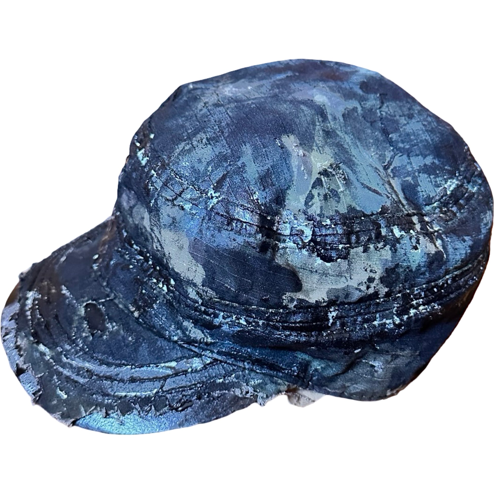 Flat right of Distressed retro green camouflage hat with hand-painted details and side coin pocket, customized by ASTROBOI* STUDIO in NYC.