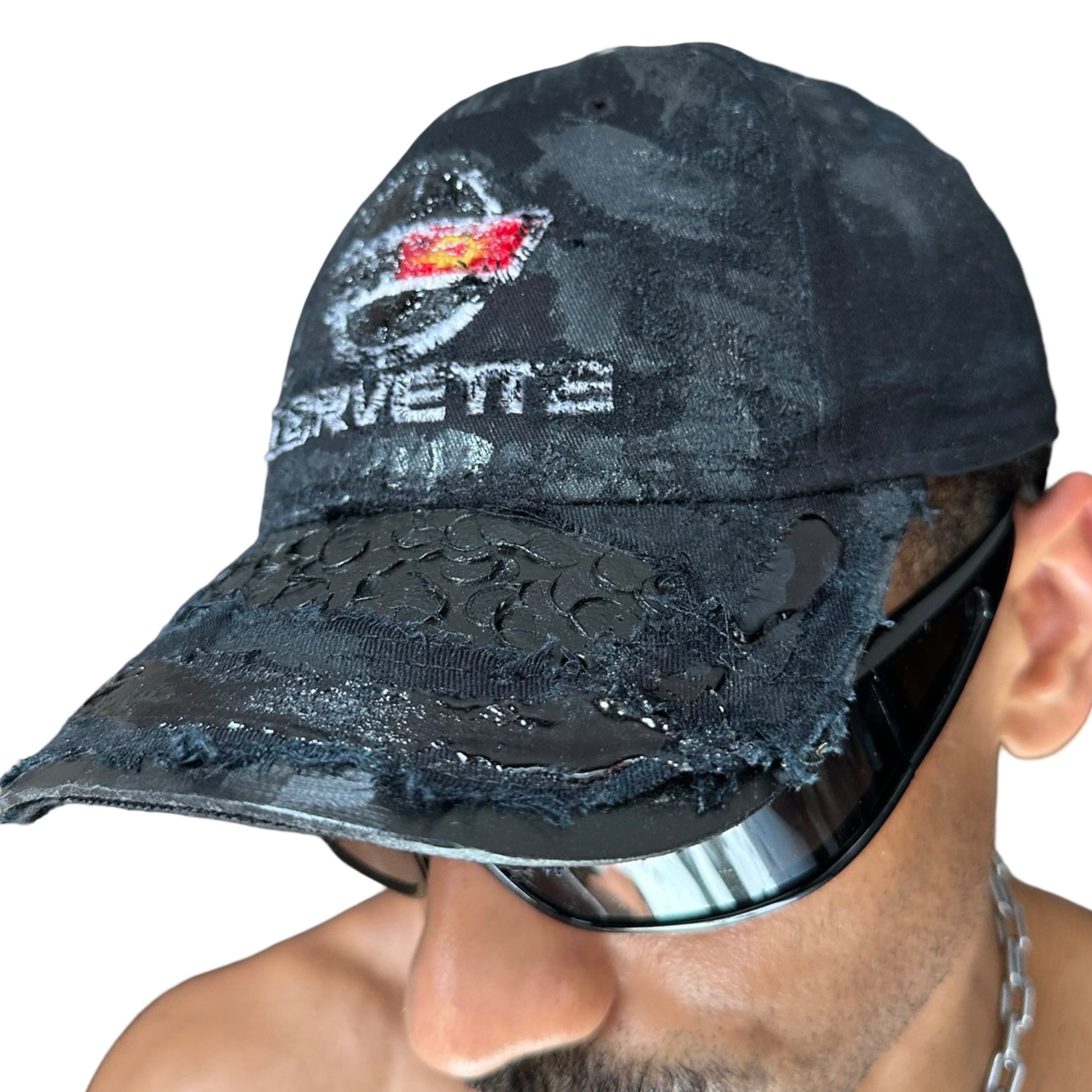 ASTROBOI* x Corvette Black Distressed Streetwear Hat -  front left 
