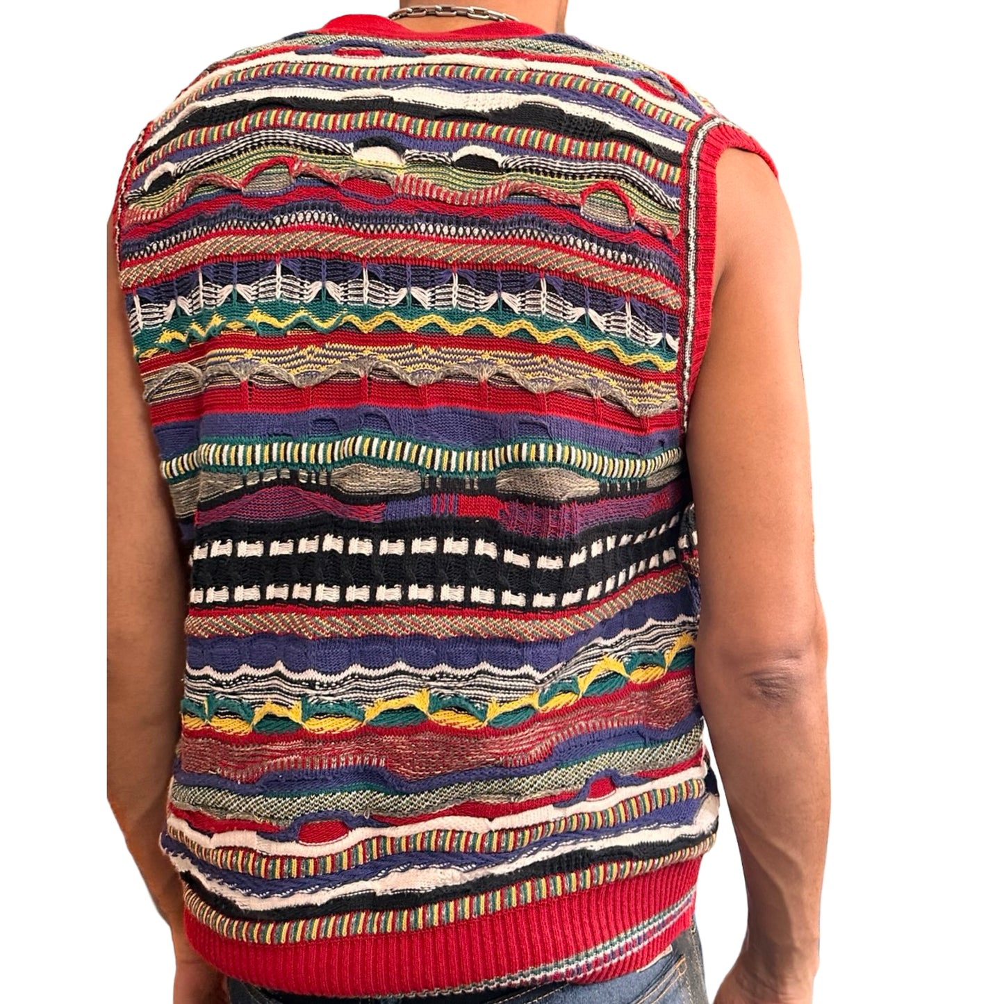 Vintage red Coogi-style knit cardigan vest with raised multicolor texture, Italian-made, size large. back 2