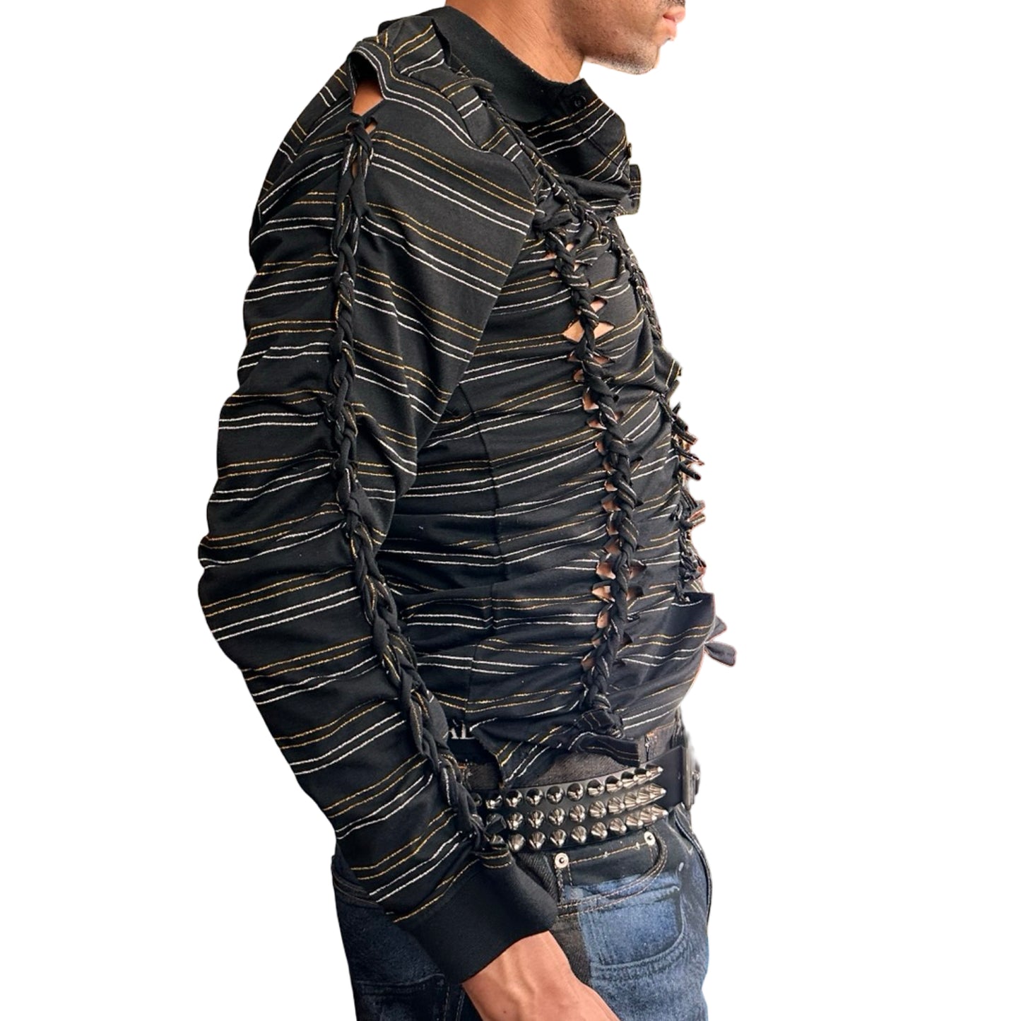 Right side of ASTROBOI* ‘Glam’ black metallic striped polo with braided twist detailing, gold and silver stripes, and a fitted body. Custom piece handmade in NYC.