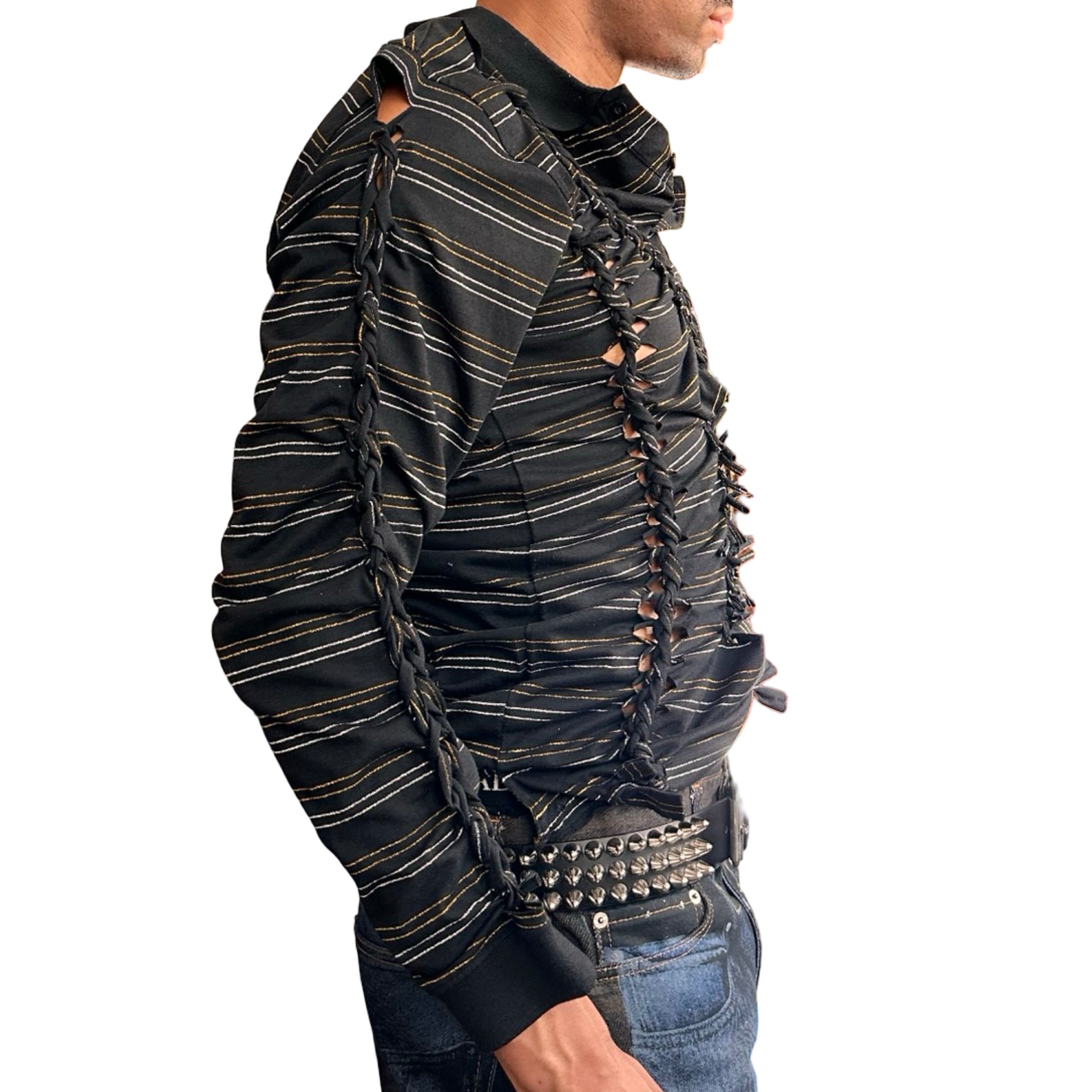 Right side of ASTROBOI* ‘Glam’ black metallic striped polo with braided twist detailing, gold and silver stripes, and a fitted body. Custom piece handmade in NYC.