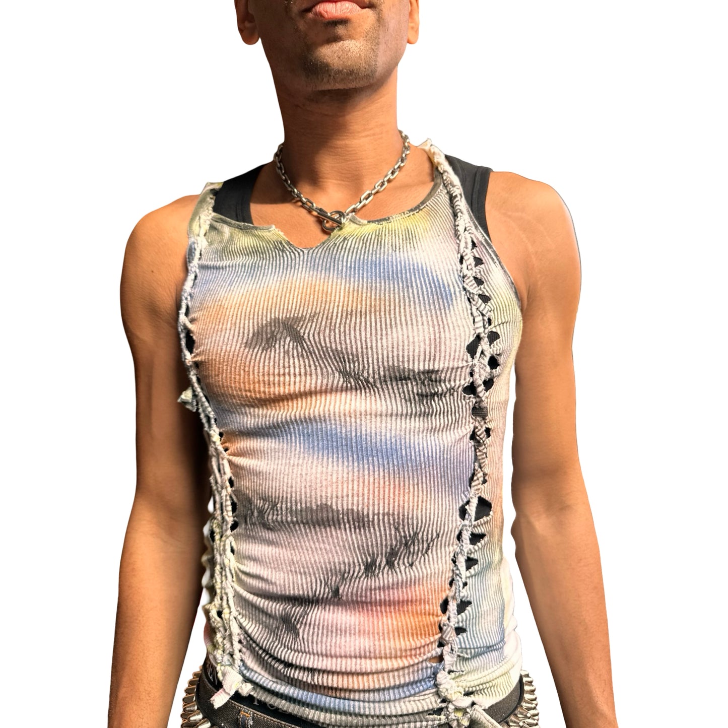 Close up of ASTROBOI* ‘Sunset’ white braided twist tank top with slashed detailing and a form-fitting silhouette. Handmade custom piece from ASTROBOI* STUDIO in NYC.