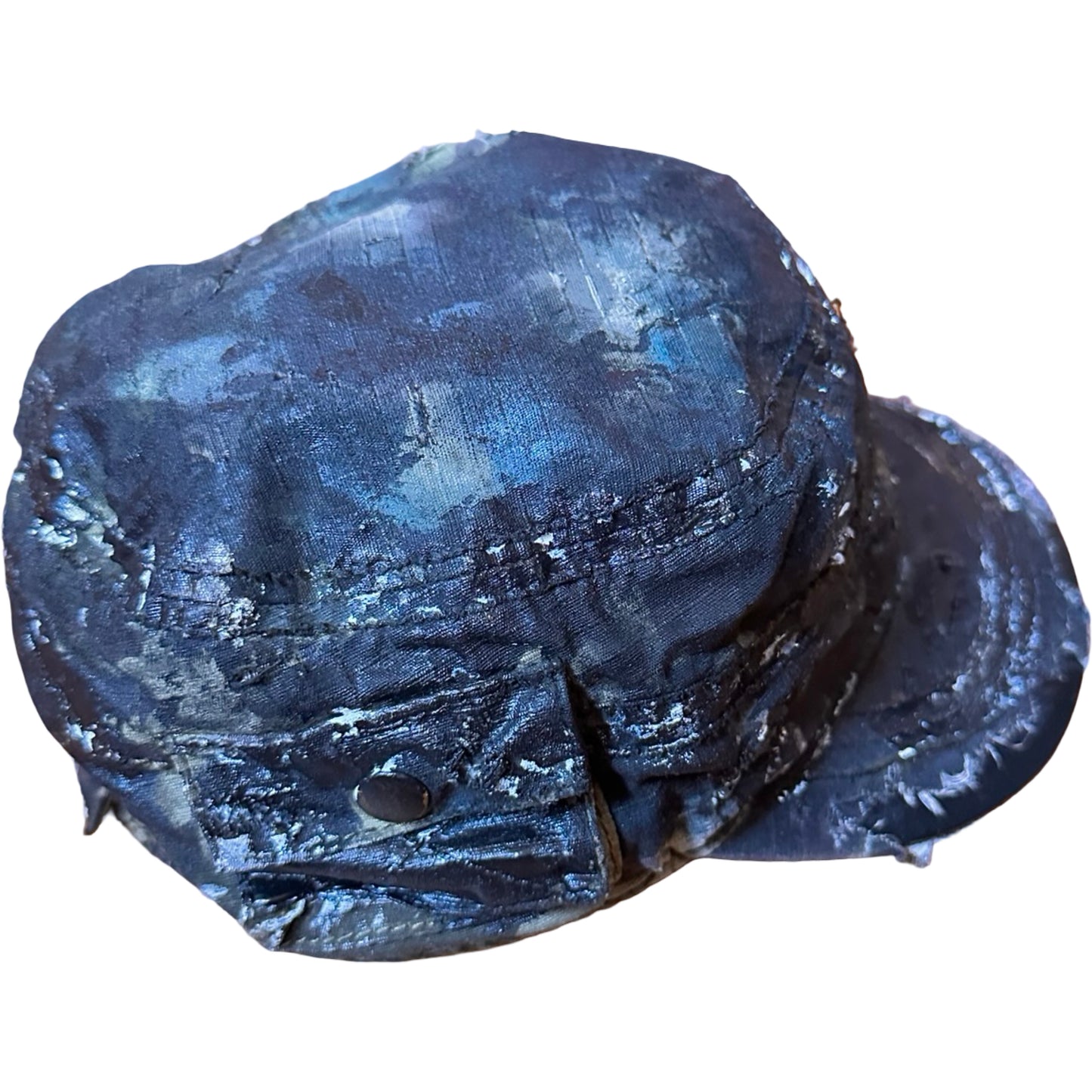 Flat right of Distressed retro green camouflage hat with hand-painted details and side coin pocket, customized by ASTROBOI* STUDIO in NYC.