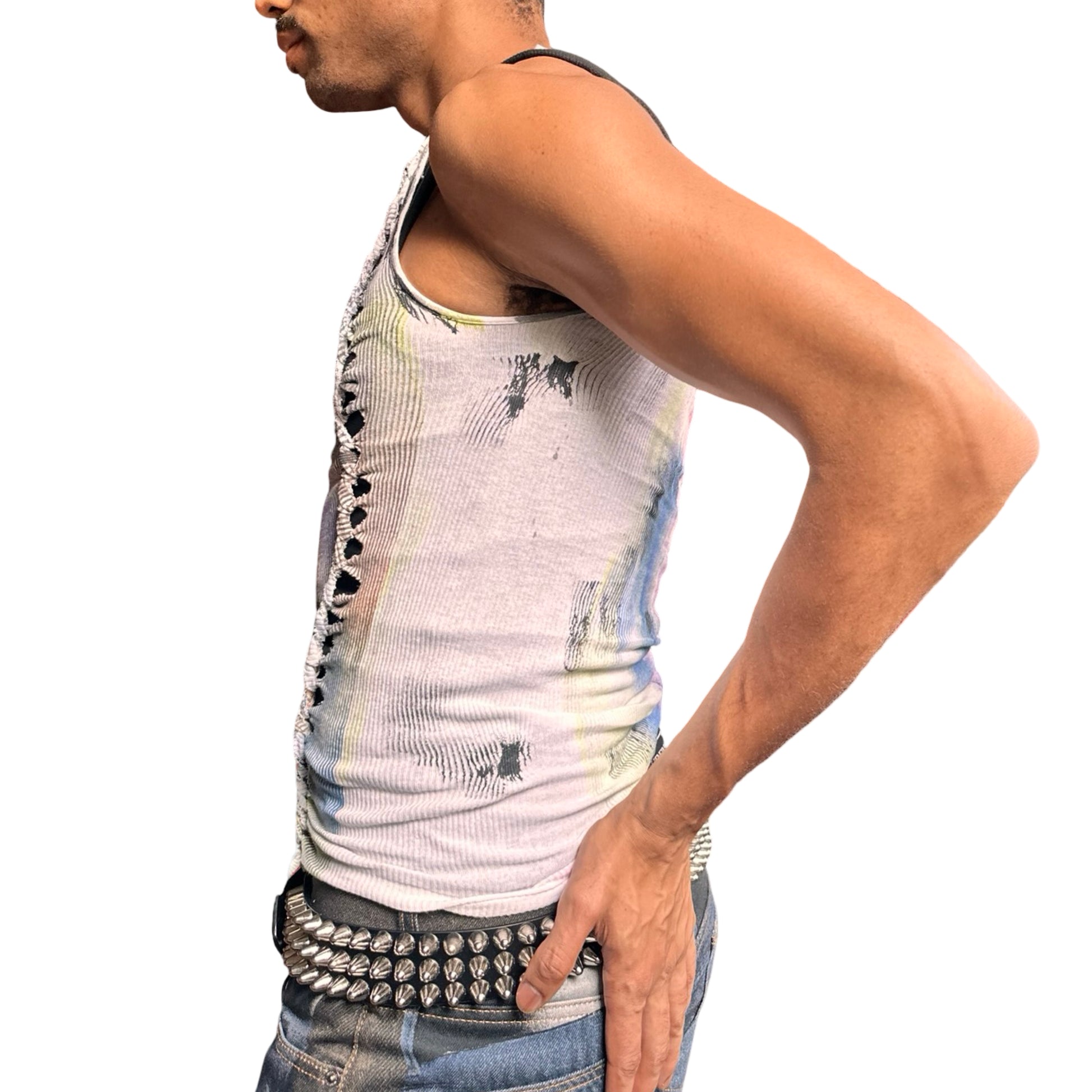 Left of ASTROBOI* ‘Sunset’ white braided twist tank top with slashed detailing and a form-fitting silhouette. Handmade custom piece from ASTROBOI* STUDIO in NYC.