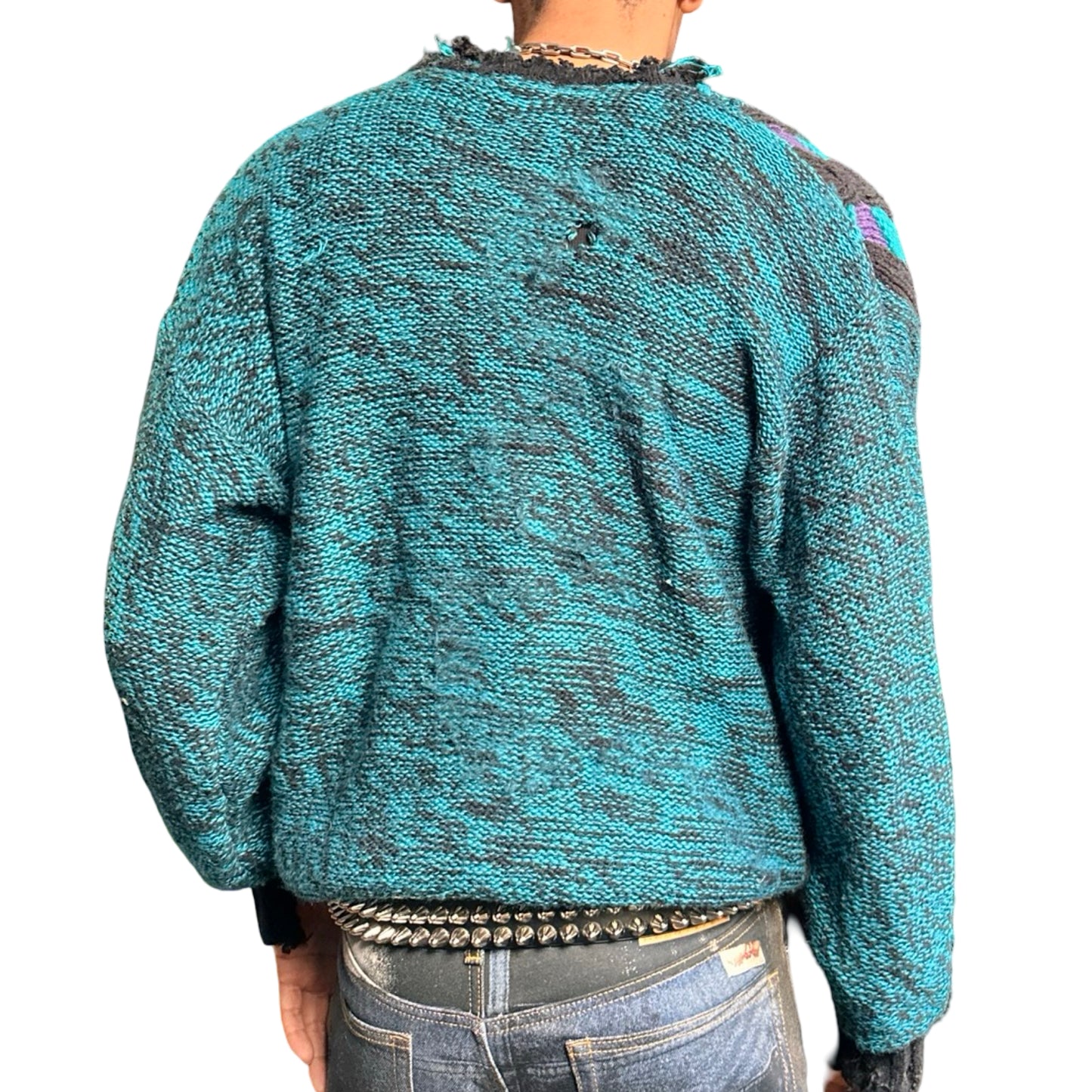 Vintage Cattivo blue crazy knit sweater with abstract raised pattern and marbled sleeves, 90s boxy fit, men's medium back view