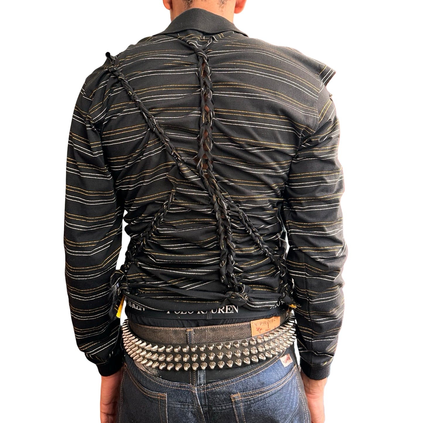 Back view of ASTROBOI* ‘Glam’ black metallic striped polo with braided twist detailing, gold and silver stripes, and a fitted body. Custom piece handmade in NYC. 