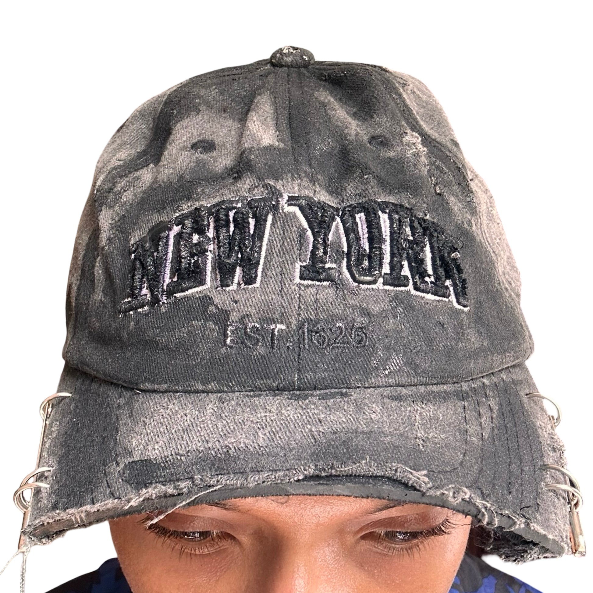ASTROBOI* 'Octavius' New York Black Distressed Pierced Half Visor Hat - front 