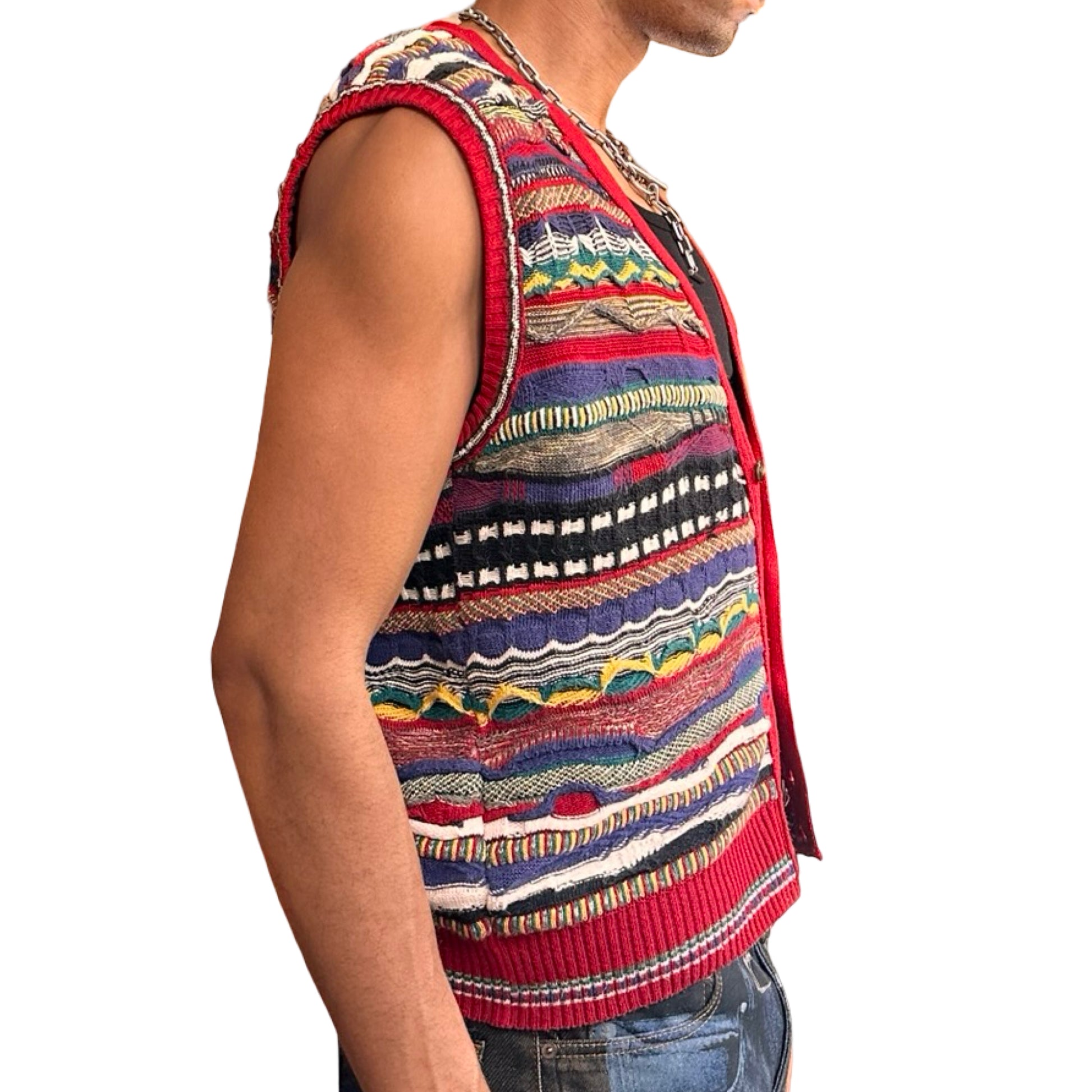 Vintage red Coogi-style knit cardigan vest with raised multicolor texture, Italian-made, size large. right 