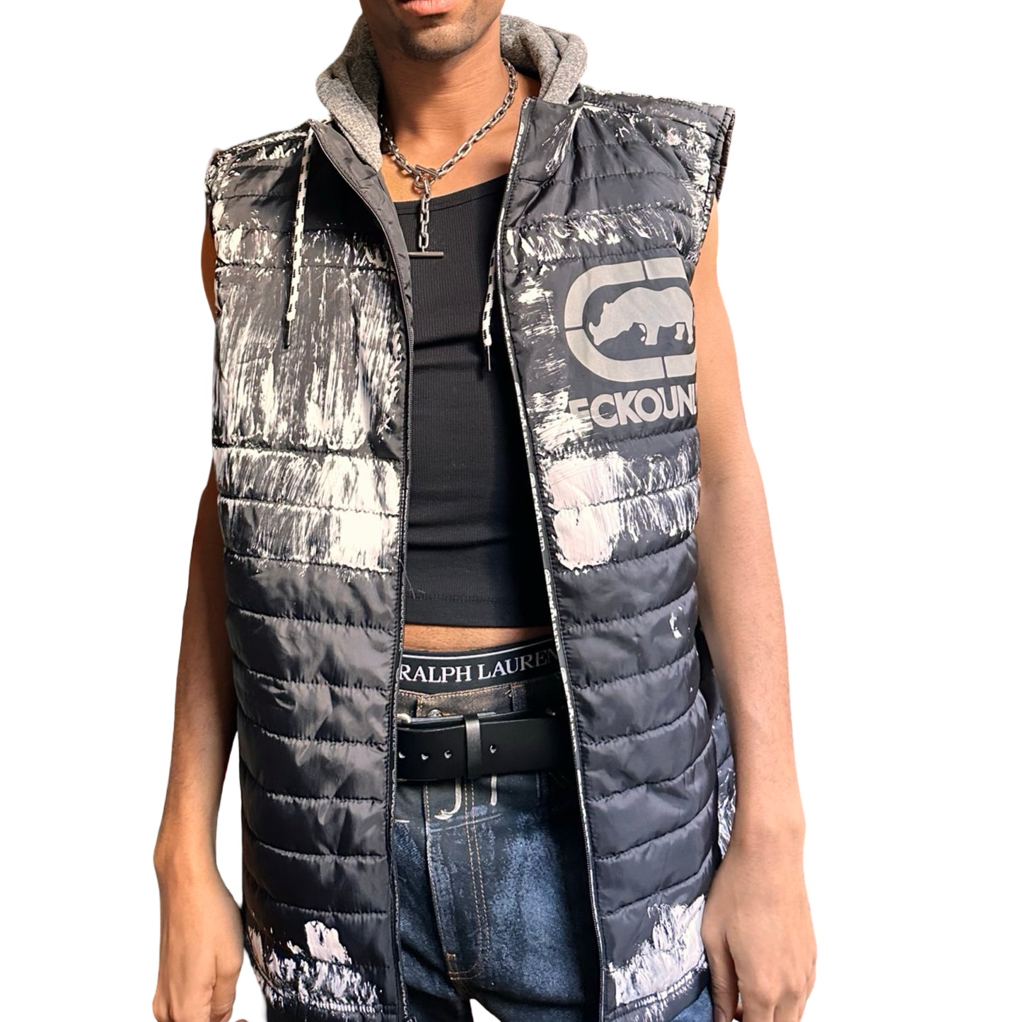 ASTROBOI* x Ecko Unltd black painted puffer vest with oversized gray hood, reflective logo, and white paint-stroke detailing. Custom streetwear made in NYC. Vest open