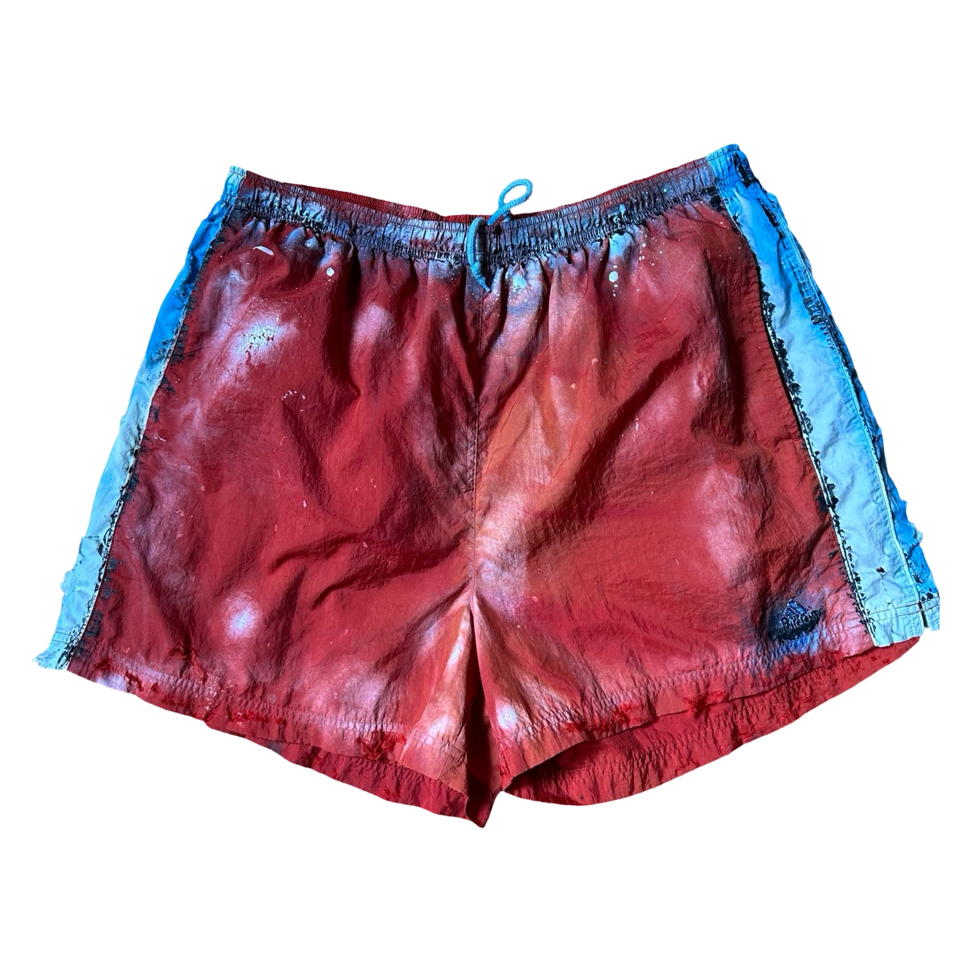 ASTROBOI* x Adidas Orange Nylon Rhinestone Grunge Shorts - flat front 