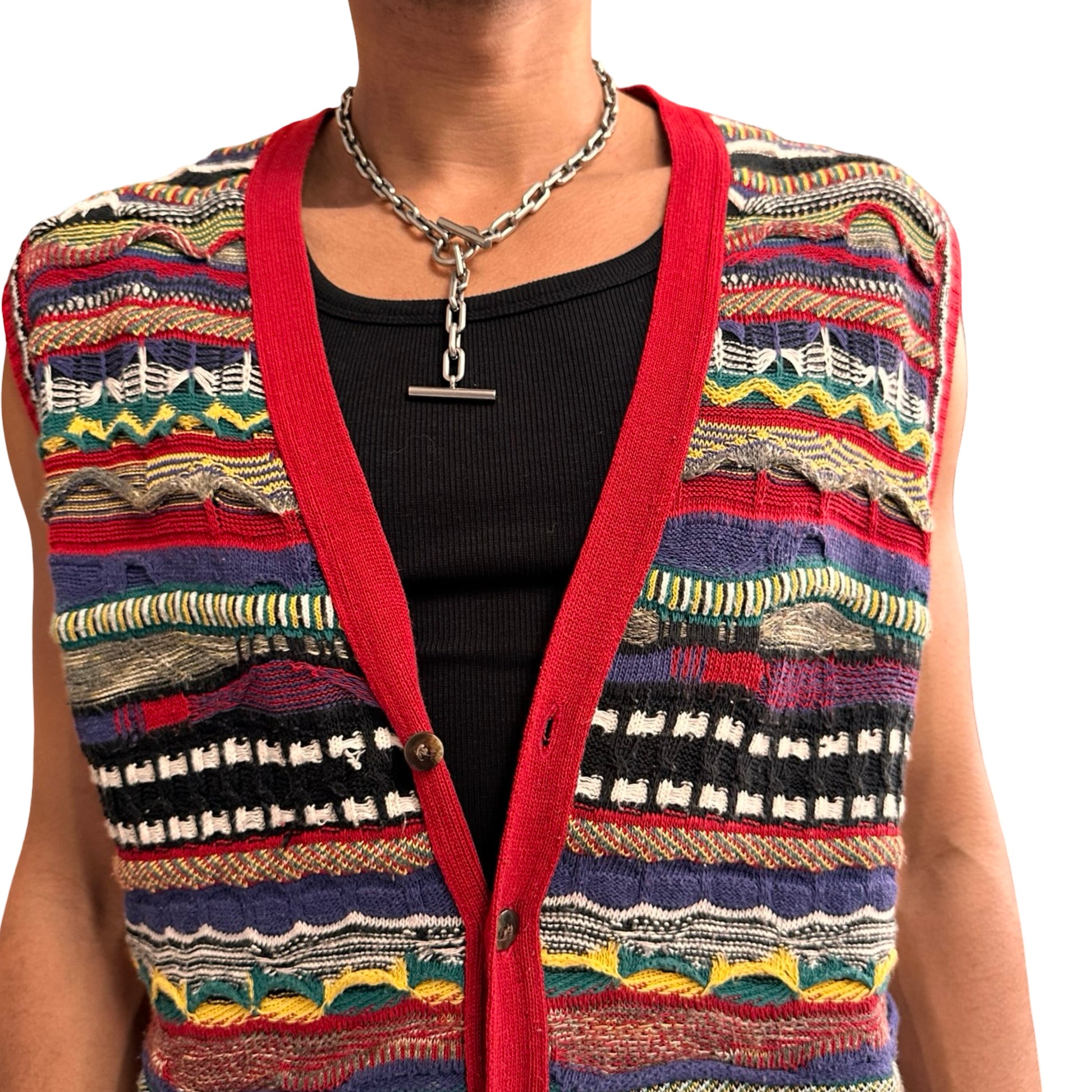 Vintage red Coogi-style knit cardigan vest with raised multicolor texture, Italian-made, size large. close up 