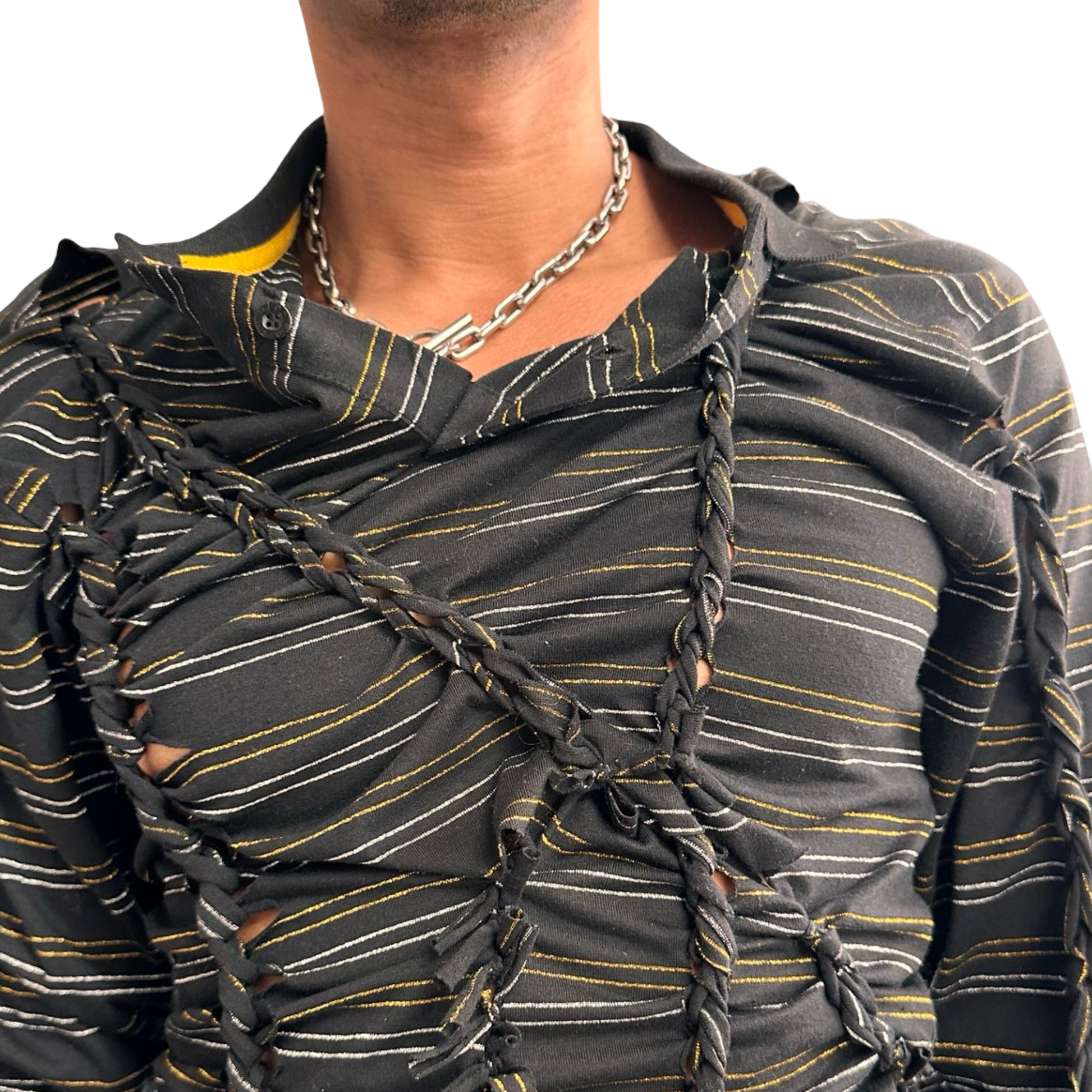 Close up 2 of ASTROBOI* ‘Glam’ black metallic striped polo with braided twist detailing, gold and silver stripes, and a fitted body. Custom piece handmade in NYC.