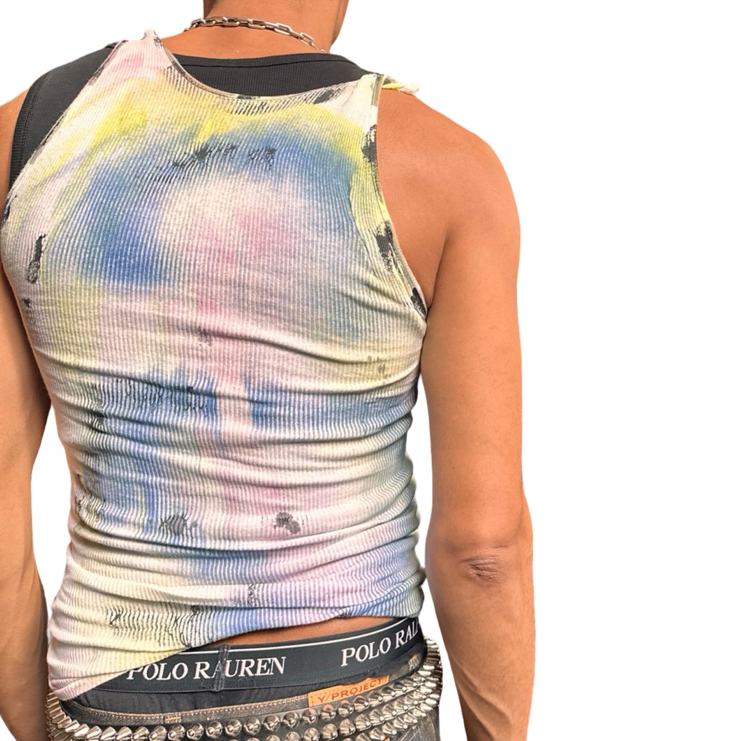 Back of ASTROBOI* ‘Sunset’ white braided twist tank top with slashed detailing and a form-fitting silhouette. Handmade custom piece from ASTROBOI* STUDIO in NYC.