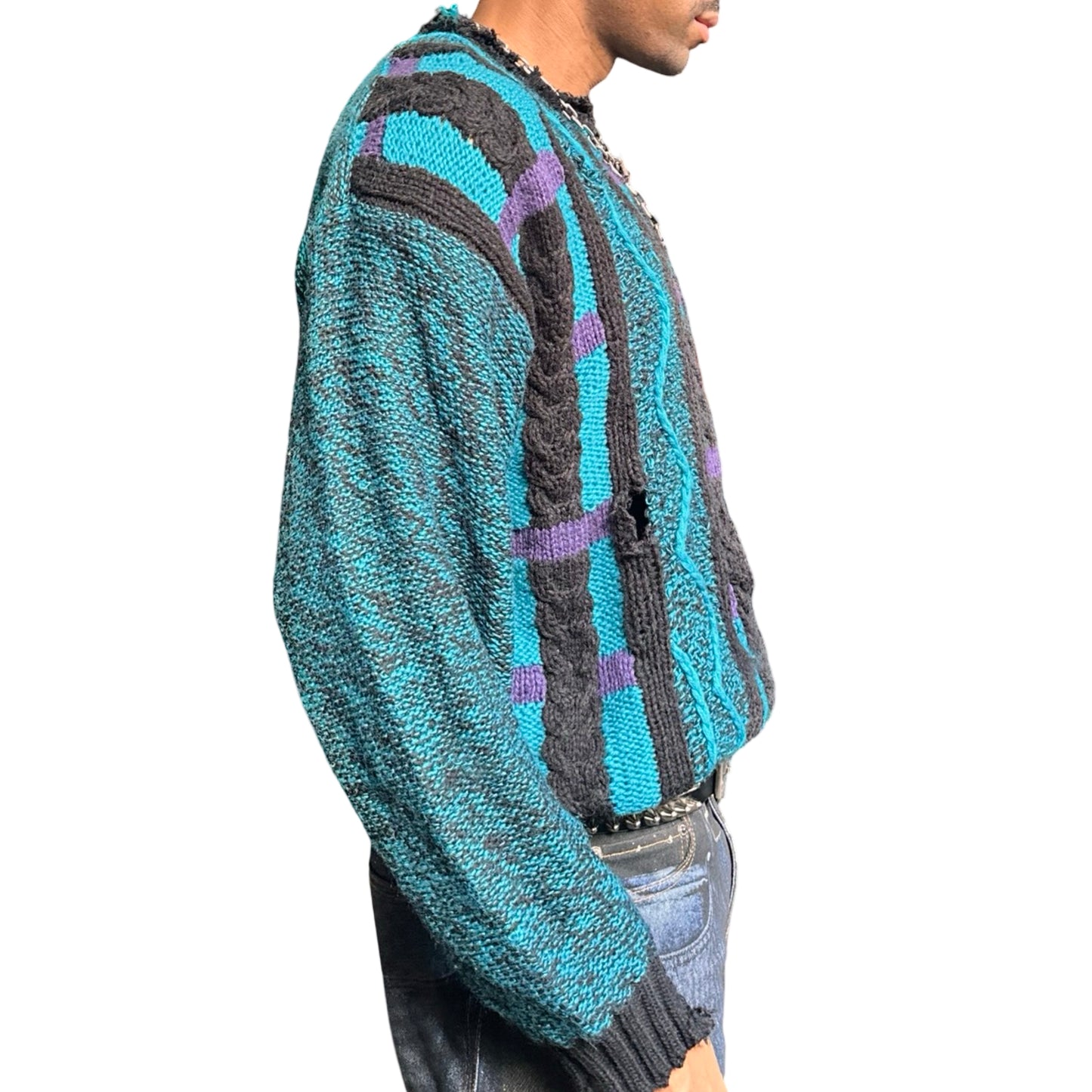 Vintage Cattivo blue crazy knit sweater with abstract raised pattern and marbled sleeves, 90s boxy fit, men's medium right side