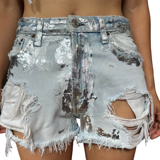 ASTROBOI* x Abercrombie & Fitch Light Blue Foil Denim Shorts -  front 