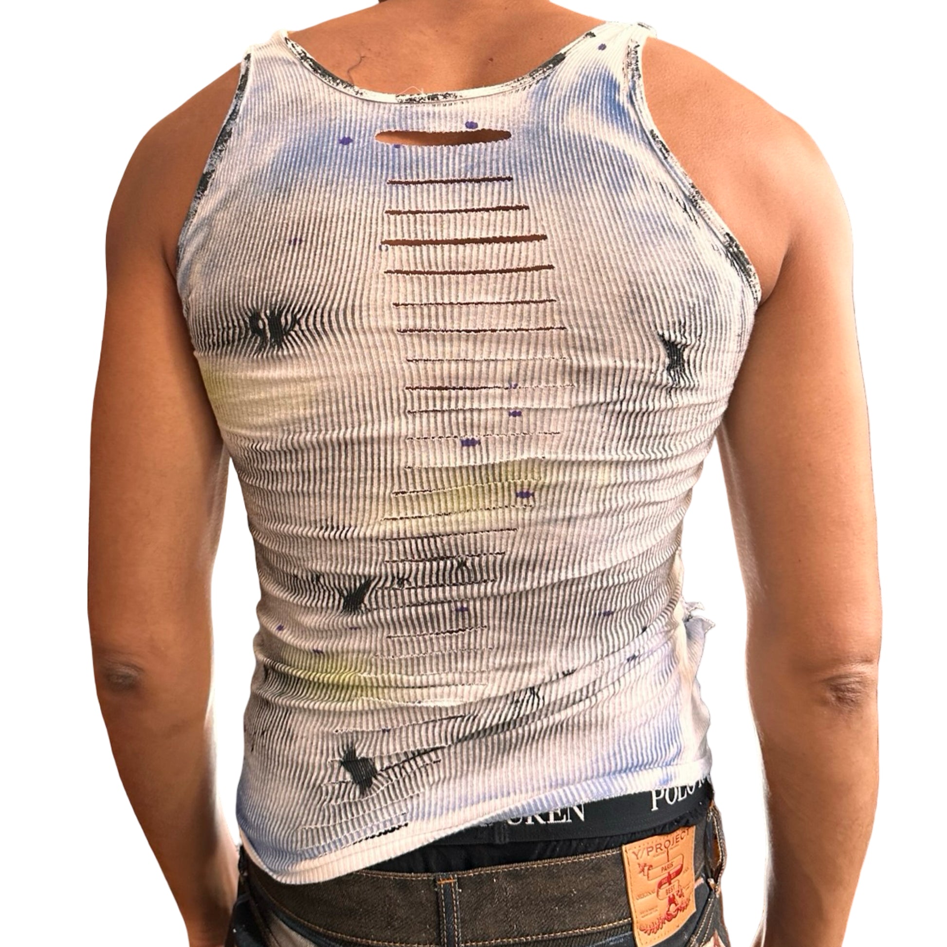 Back of ASTROBOI* ‘Aquatic’ white braided twist tank top with slashed detailing and form-fitting cut. Handmade custom piece from ASTROBOI* STUDIO in NYC.