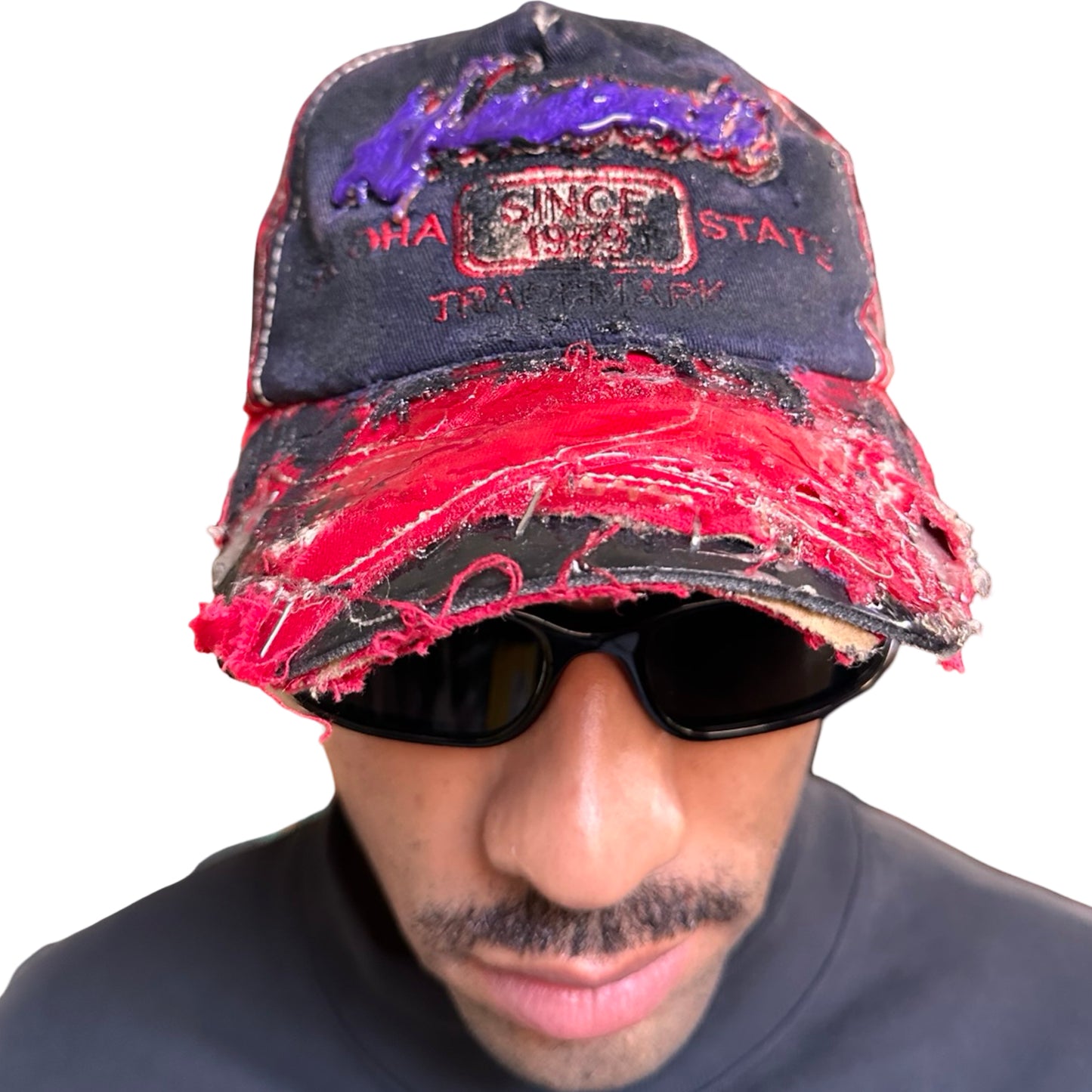 Front of Blue and red ASTROBOI* hat featuring a purple resin-coated Hawaii graphic, deconstructed visor with clear resin, and black painted accents.
