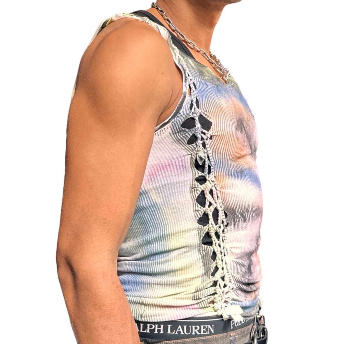 Right side of ASTROBOI* ‘Sunset’ white braided twist tank top with slashed detailing and a form-fitting silhouette. Handmade custom piece from ASTROBOI* STUDIO in NYC.