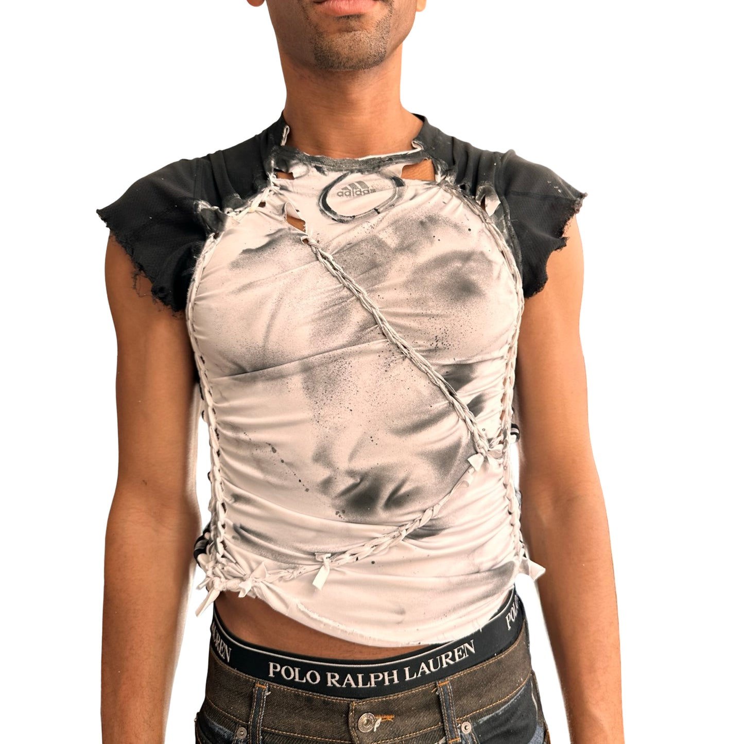 Front view of ASTROBOI* x Adidas white compression T-shirt with black hand-painted details and braided twists. Custom streetwear piece made in NYC by ASTROBOI* STUDIO.