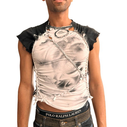 Front view of ASTROBOI* x Adidas white compression T-shirt with black hand-painted details and braided twists. Custom streetwear piece made in NYC by ASTROBOI* STUDIO.