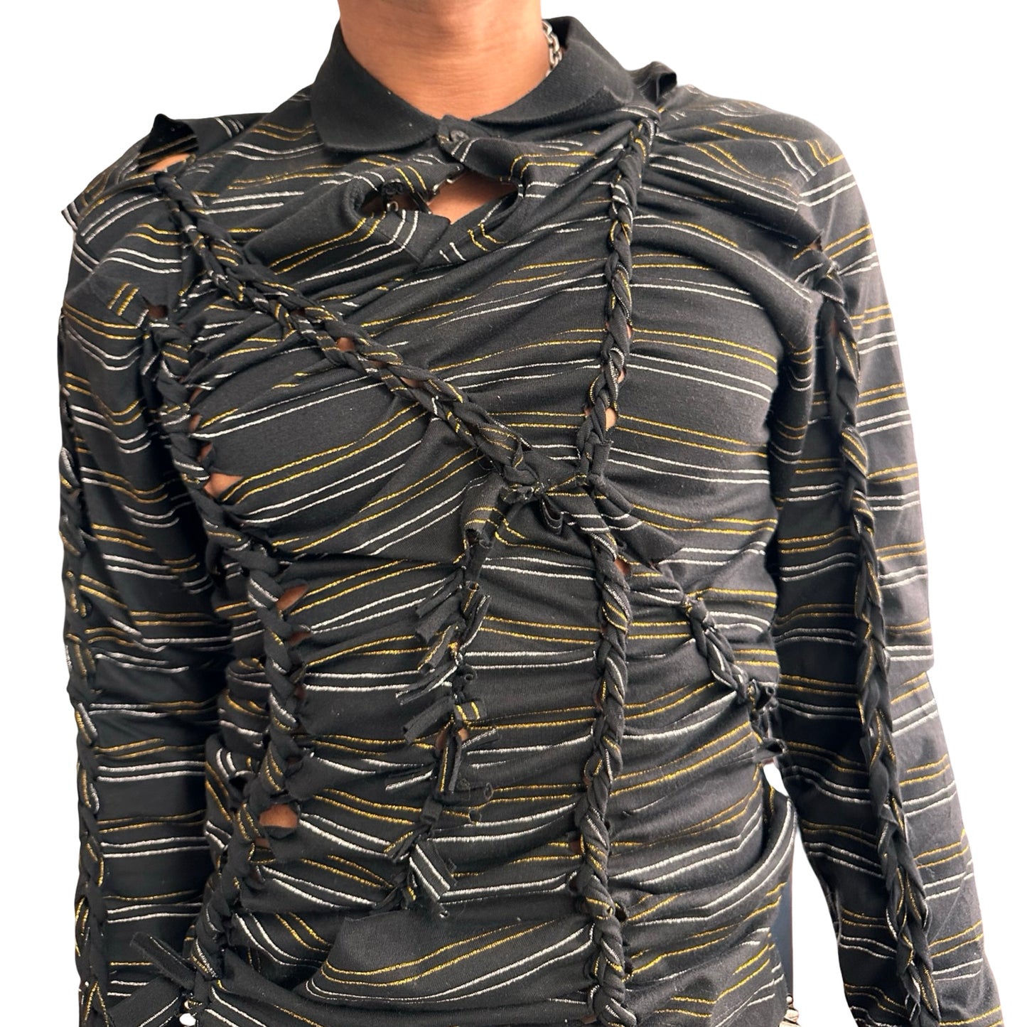 Close up of ASTROBOI* ‘Glam’ black metallic striped polo with braided twist detailing, gold and silver stripes, and a fitted body. Custom piece handmade in NYC.