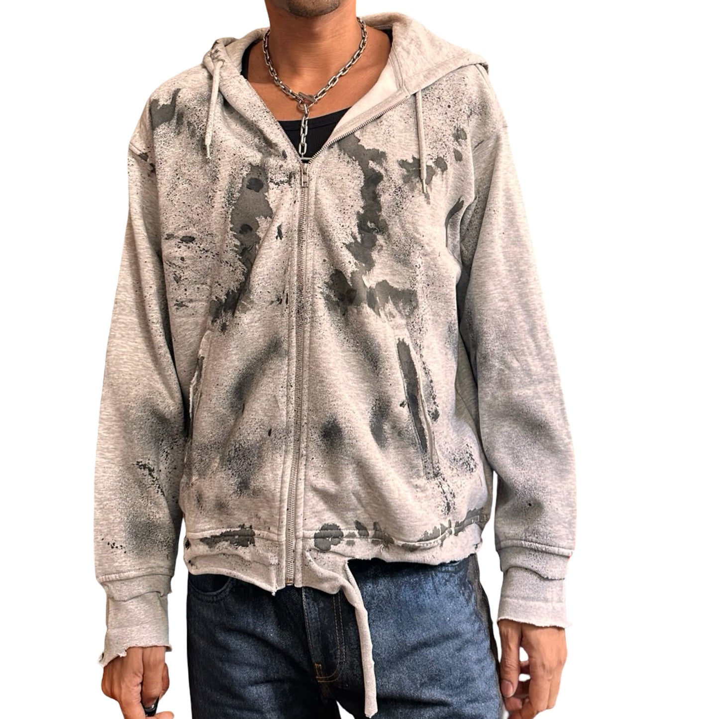Front overview of ASTROBOI* grey distressed painted sweatshirt in XL with black hand-painted graphics, raw hem, and relaxed fit. Custom NYC streetwear.